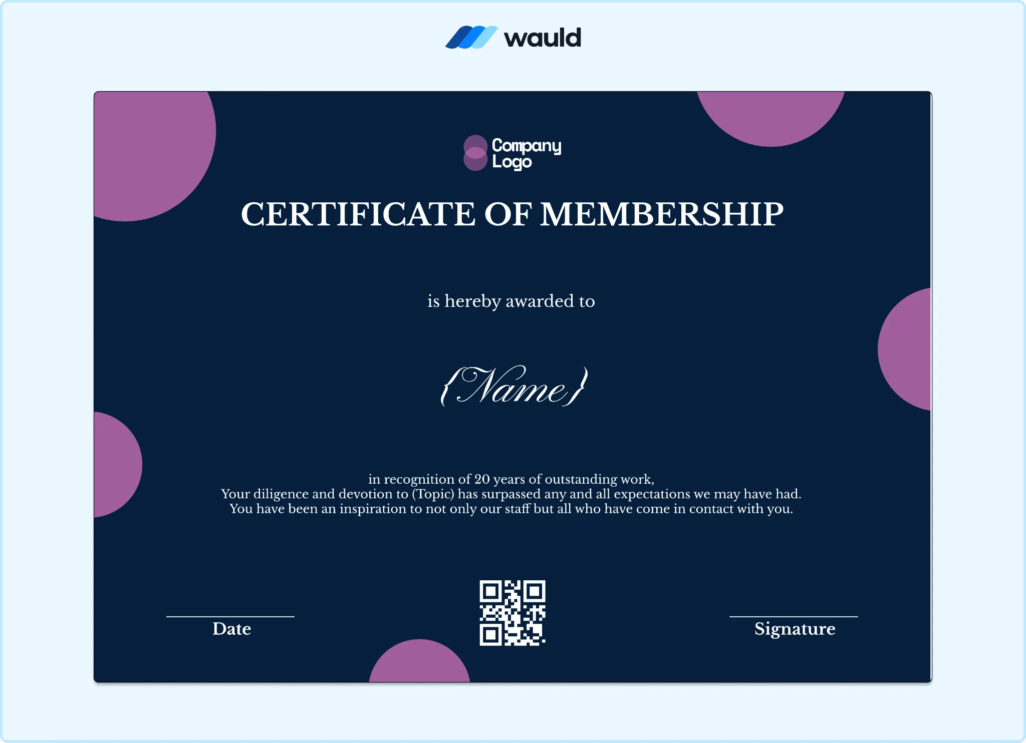 Dark navy certificate of membership template with subtle circle patterns, member name field, achievement description, date, QR code, and signature line