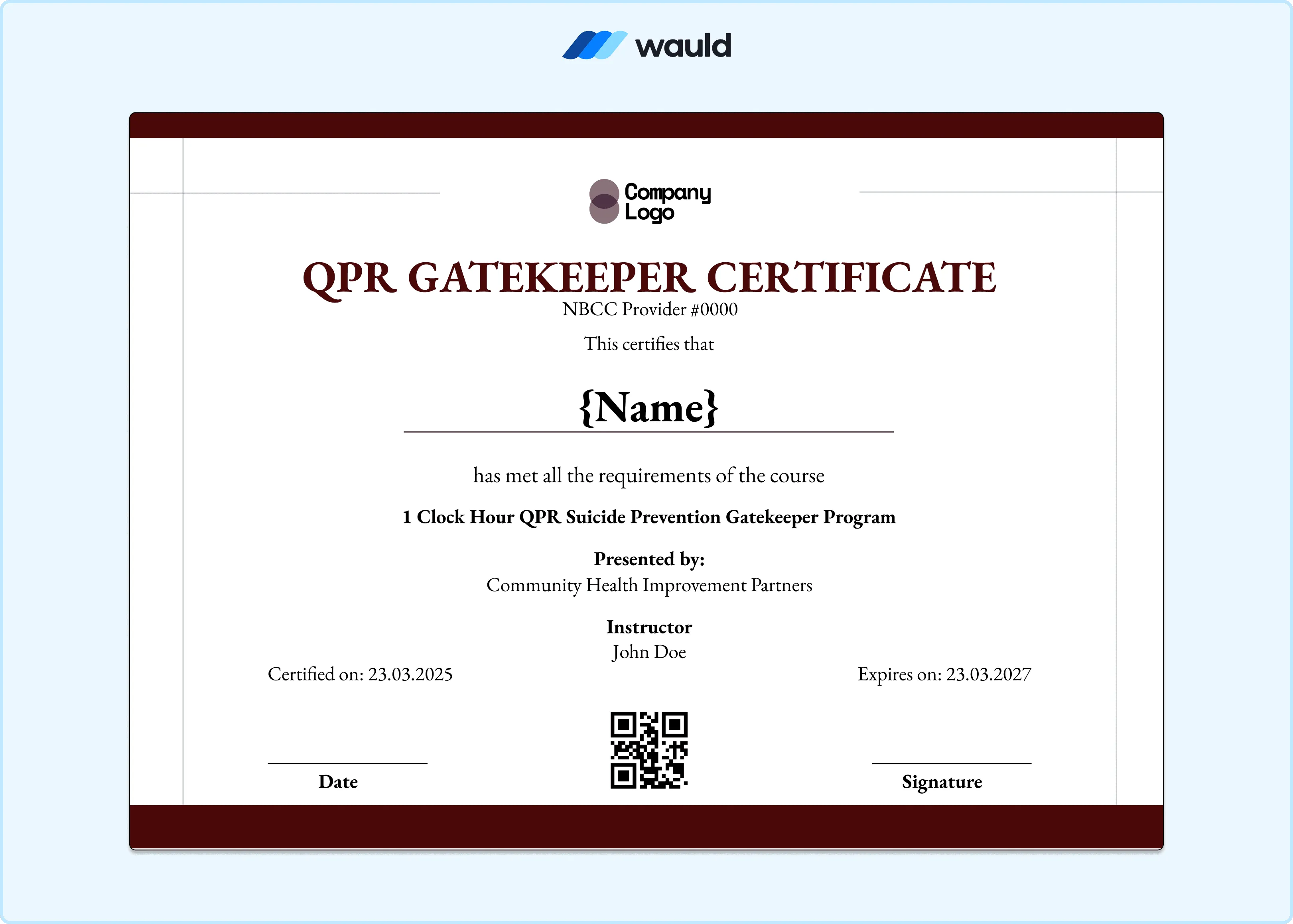 Bold dark red QPR Gatekeeper certificate template with white typography, recipient name field, instructor details, Community Health Improvement Partners presenter information, certified date, expiry date, NBCC Provider number, and QR code
