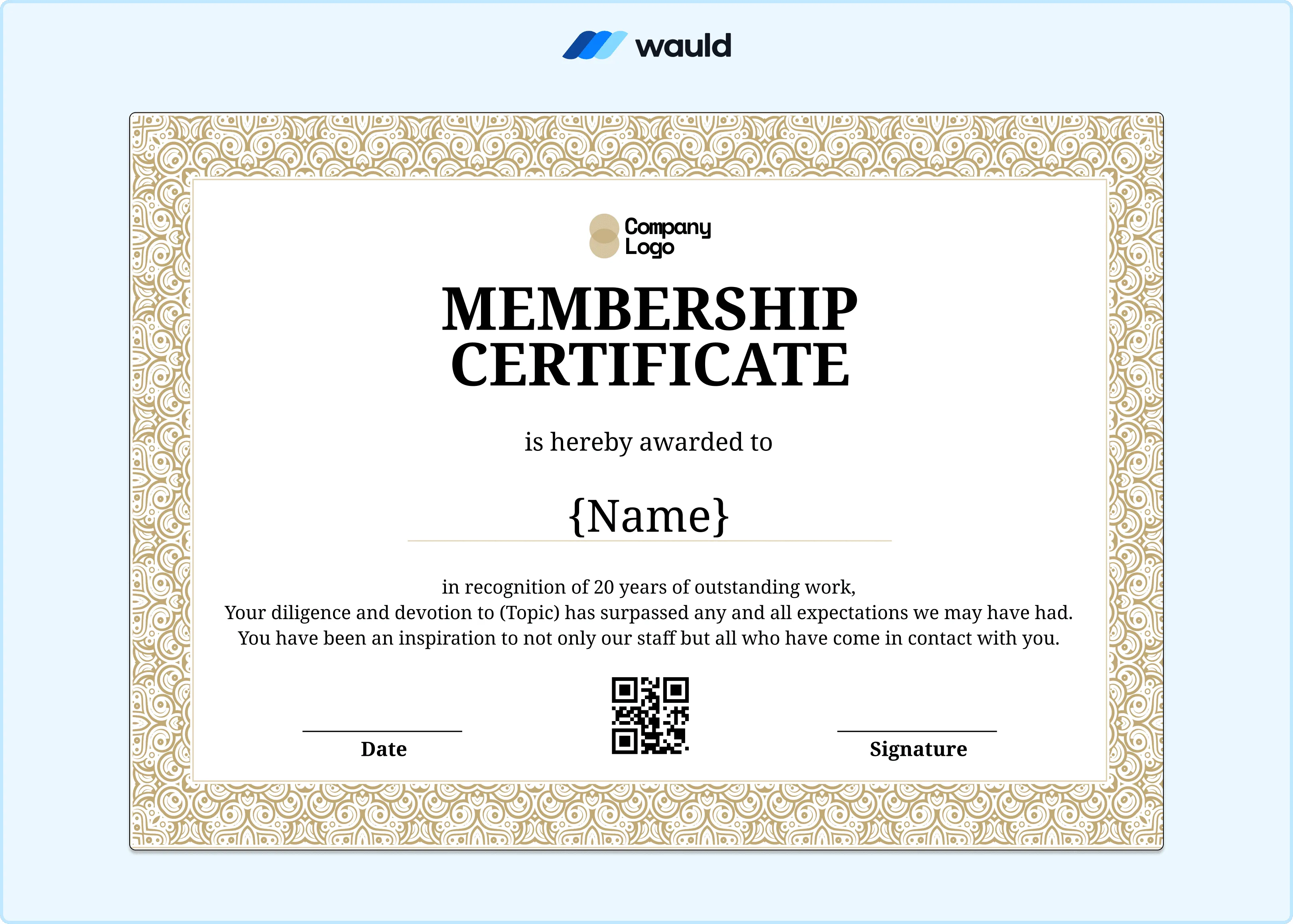 Ornate gold filigree certificate of membership template with cream background, member name field, recognition details, date, QR code, and signature line