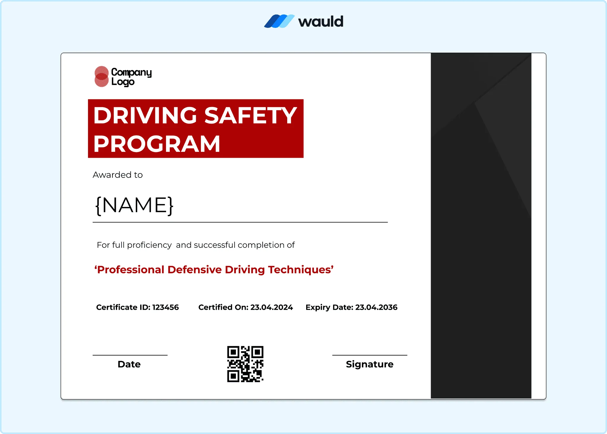 Driving safety program certificate with bold red header, clean white layout, recipient name field, certificate ID, certified date, expiry date, QR code, and signature line