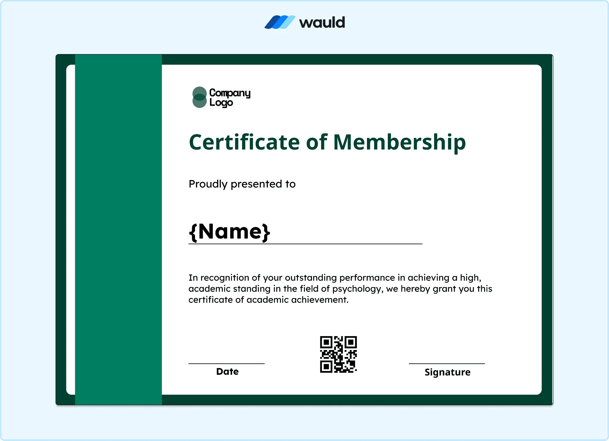 Green and white certificate of membership template with clean layout, member name field, achievement description, date, QR code, and signature line