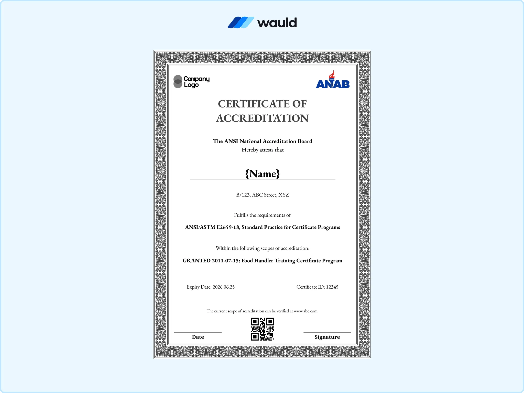 Textured silver mosaic bordered certificate of accreditation template with recipient name field, standard practice reference, granted accreditation scope, expiry date, certificate ID, QR code, and signature line