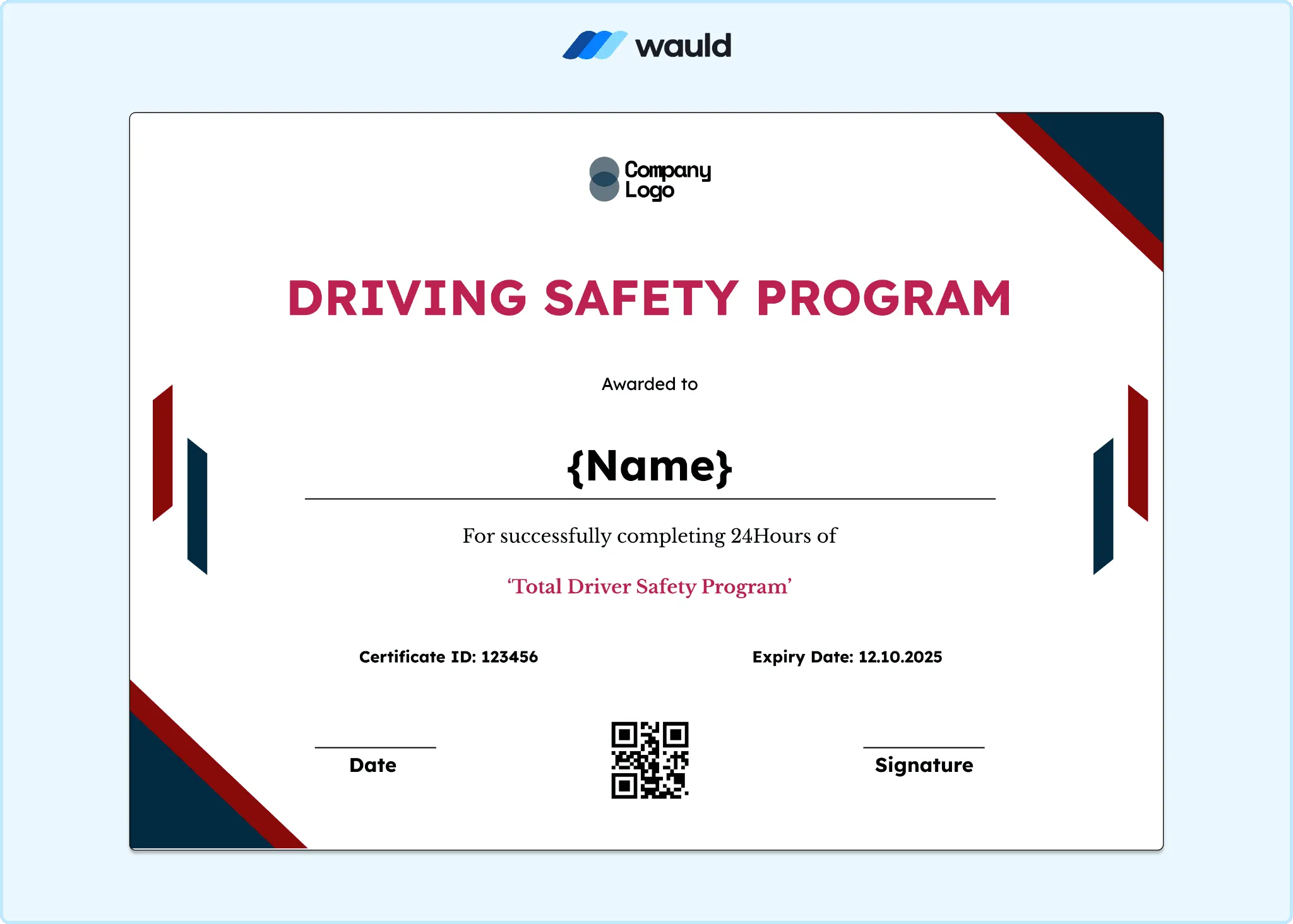 Authoritative driving safety program certificate with deep red tones, recipient name field, certificate ID, certified date, expiry date, QR code, and signature line