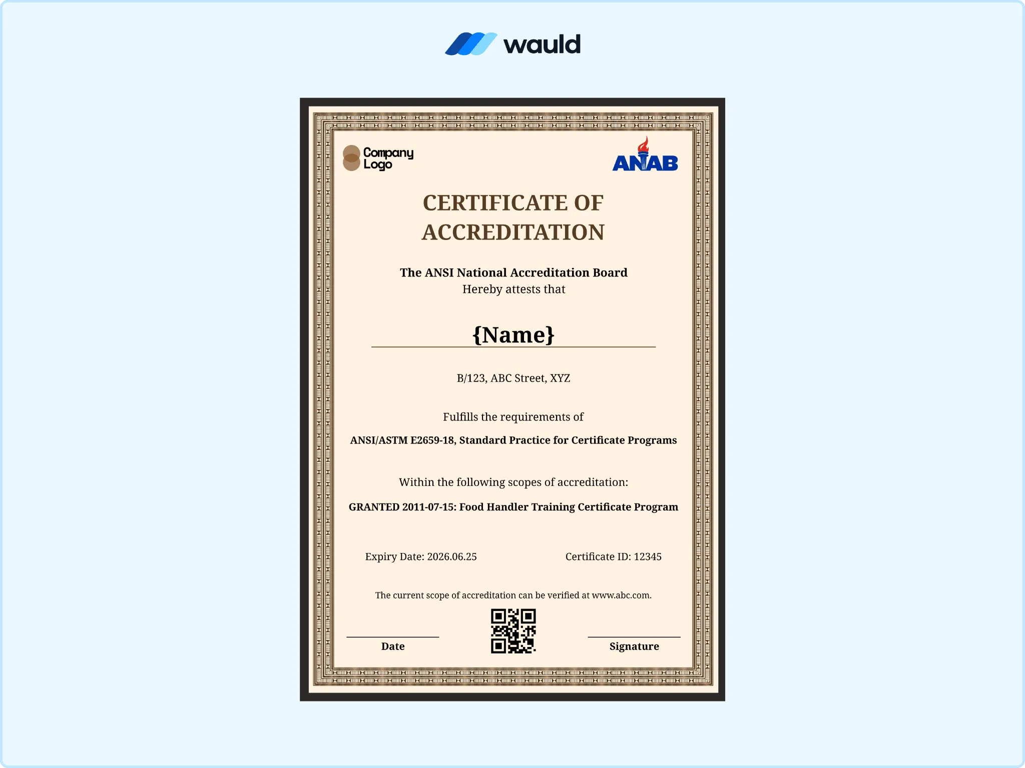 Cream and gold decorative bordered certificate of accreditation template with recipient name field, accrediting board details, standard practice reference, granted scope, certificate ID, expiry date, and QR code