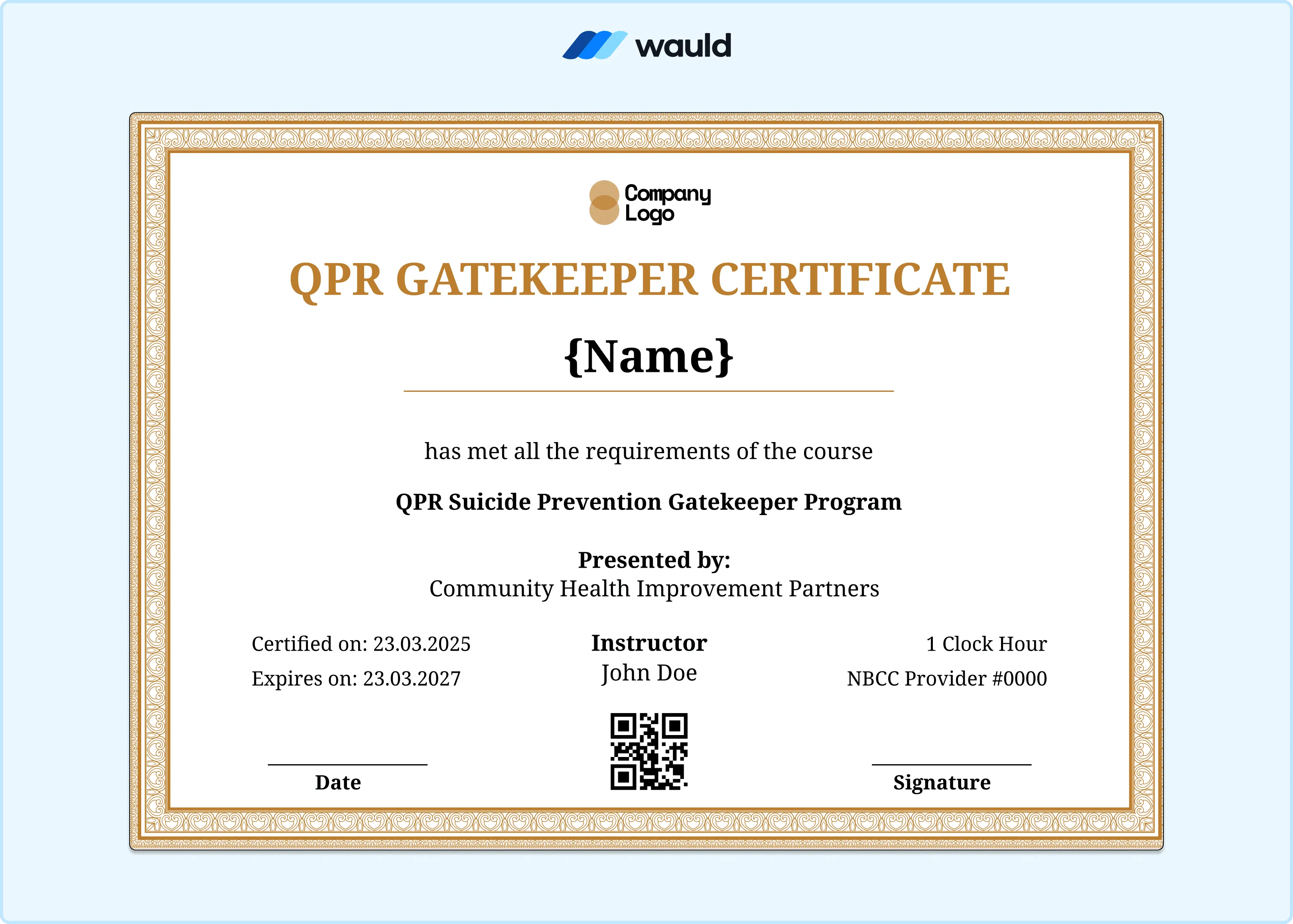 Ornate gold bordered QPR Gatekeeper certificate template with cream background, recipient name field, instructor credentials, certified date, expiry date, NBCC Provider number, QR code, and signature line