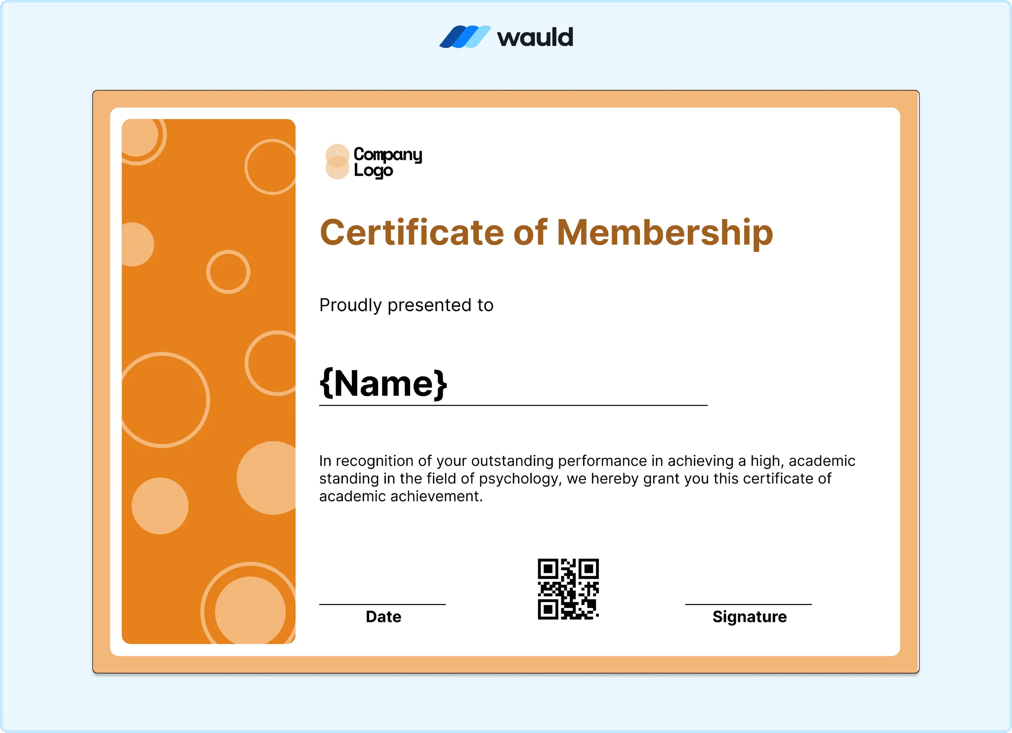 Orange certificate of membership template with circle pattern accents, member name field, achievement description, date, QR code, and signature line