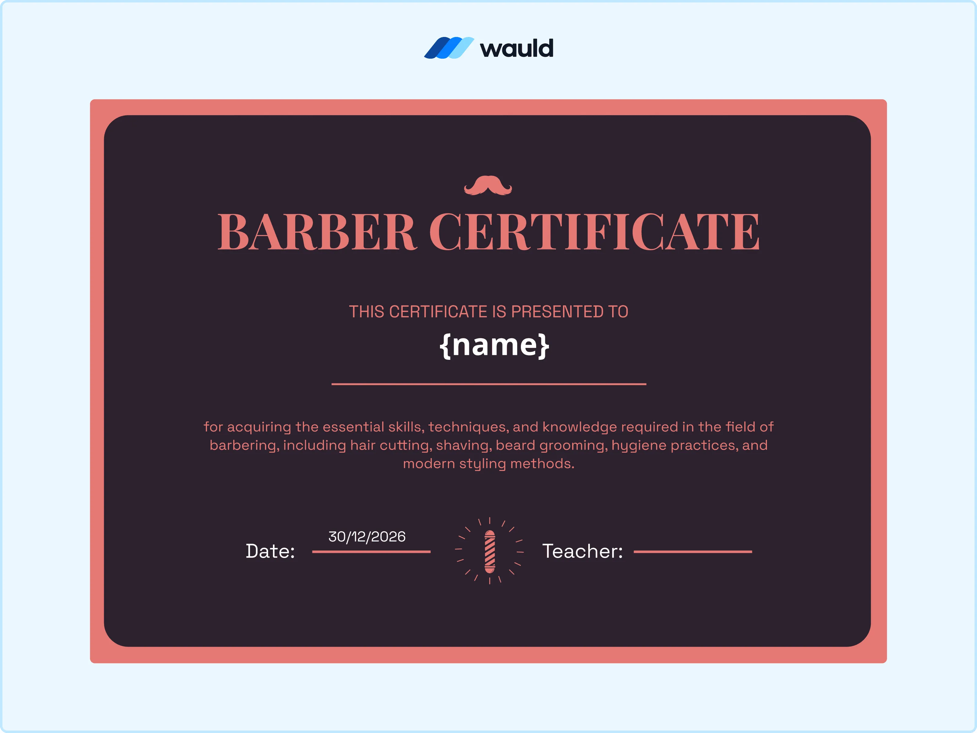 Bold modern barber skills certificate template with color accents