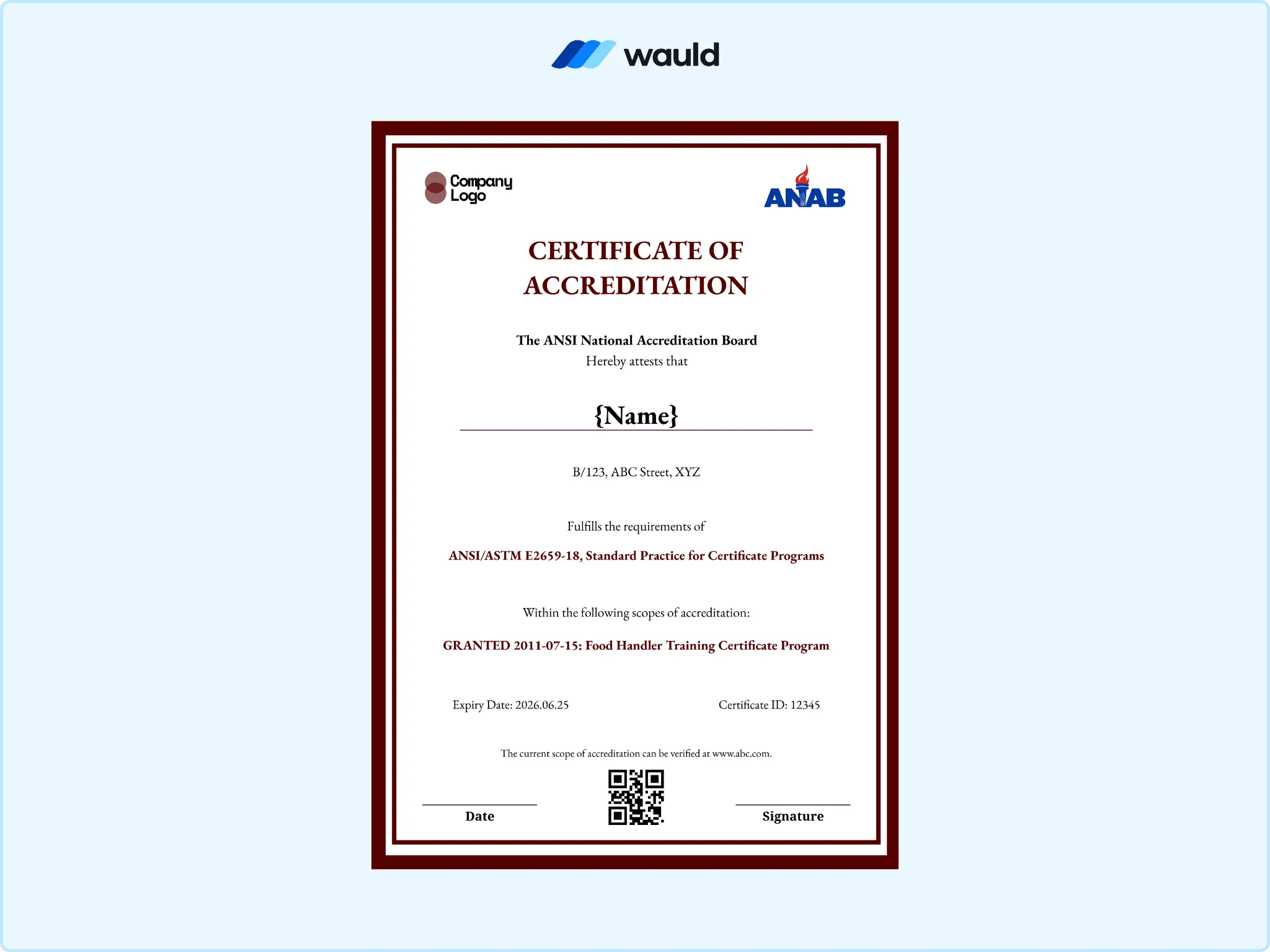 Burgundy bordered certificate of accreditation template with recipient name field, accrediting board details, standard practice reference, granted accreditation scope, certificate ID, expiry date, QR code, and signature line