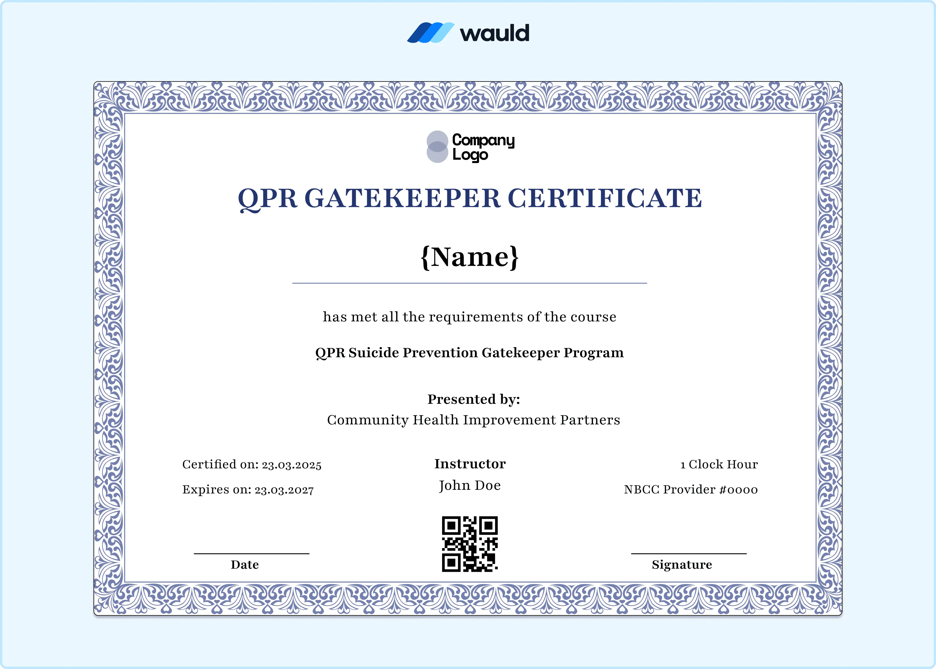 Clean blue and white QPR Gatekeeper certificate template with structured layout, recipient name field, instructor details, certified date, expiry date, NBCC Provider number, QR code, and signature line