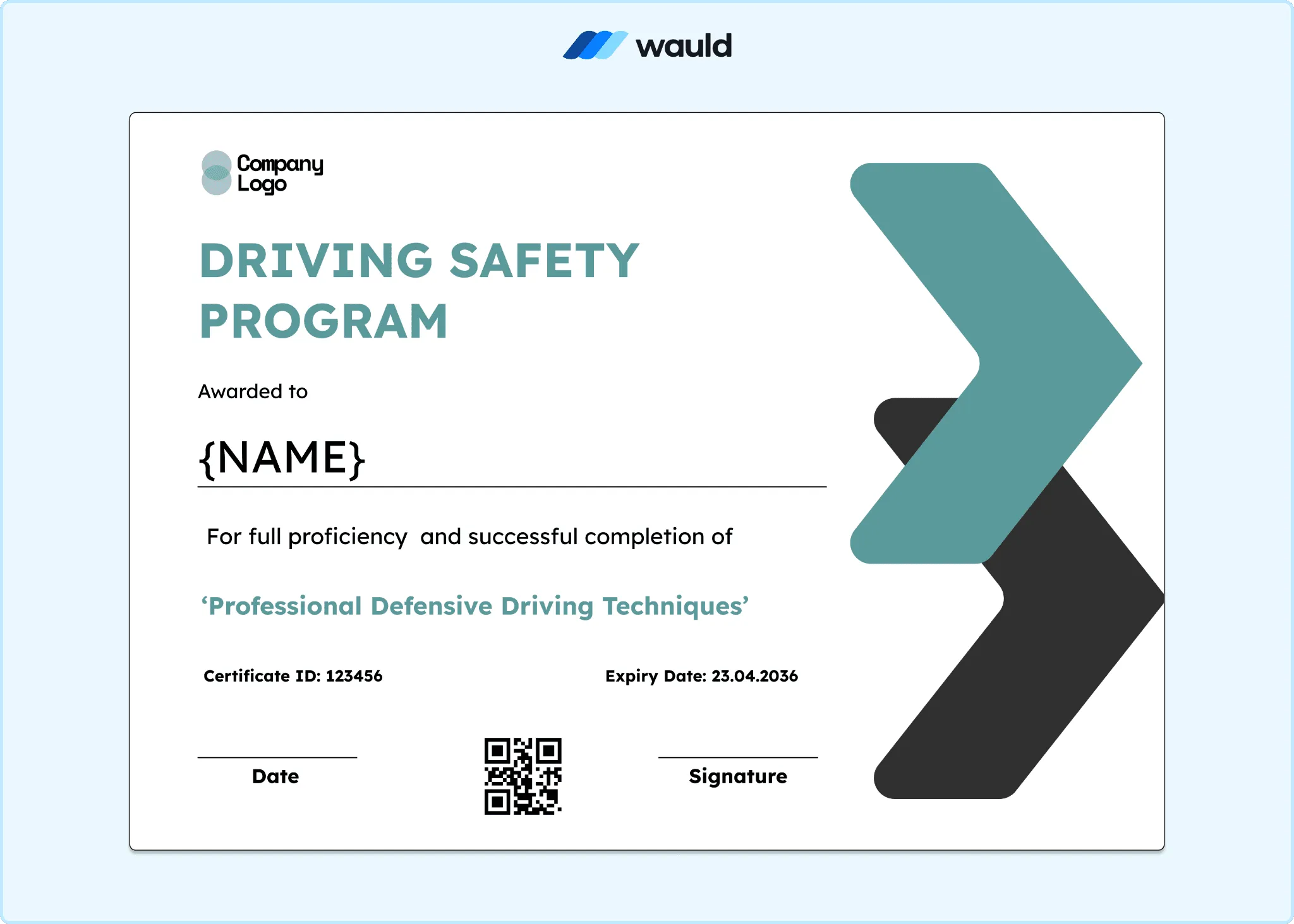 Driving safety program certificate with teal and gray chevron accents, clean white layout, recipient name field, course completion details, certification information, and QR code