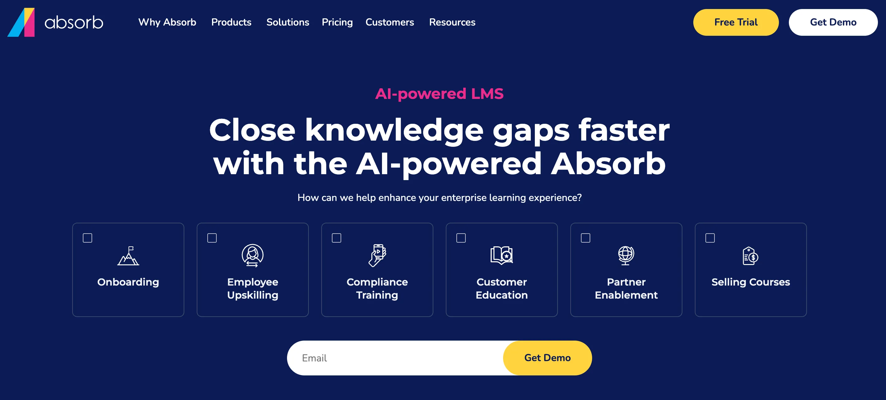 The Absorb LMS homepage for an AI-powered LMS, showing use cases like onboarding, compliance training, and selling courses