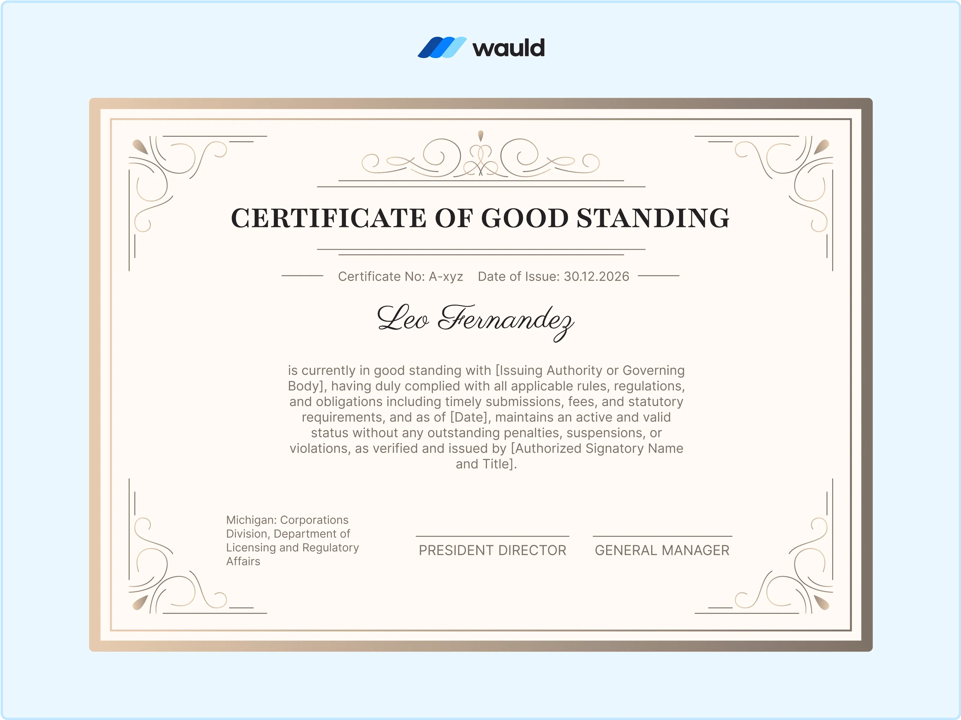 Wauld - Beige-themed certificate of good standing 