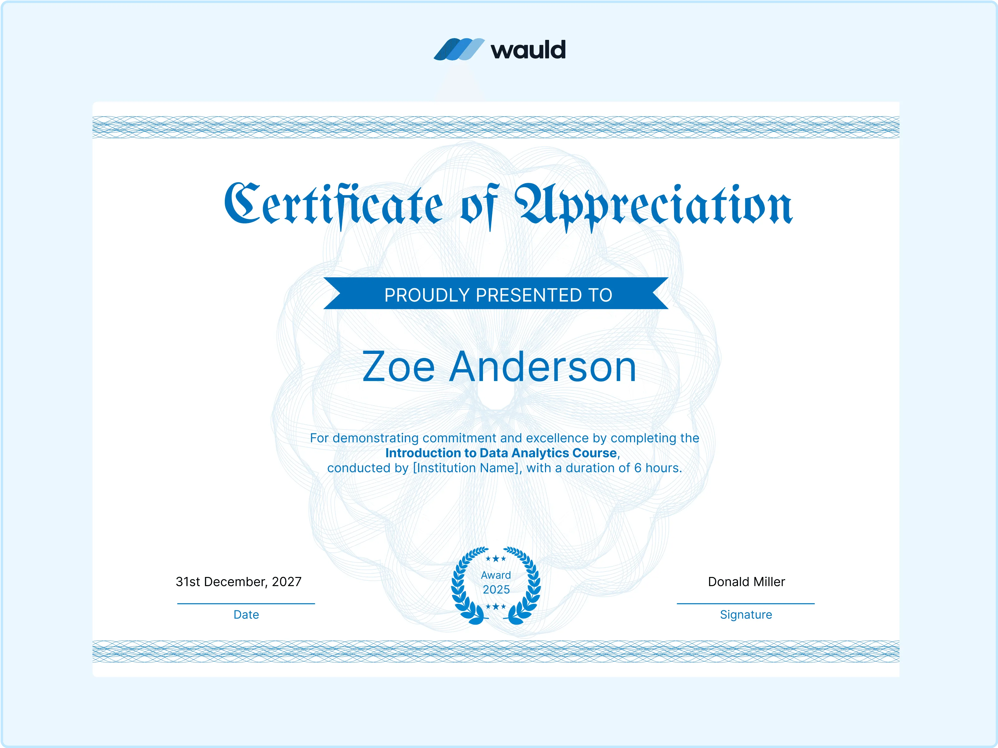 Wauld - Blue-themed CPD certificate template