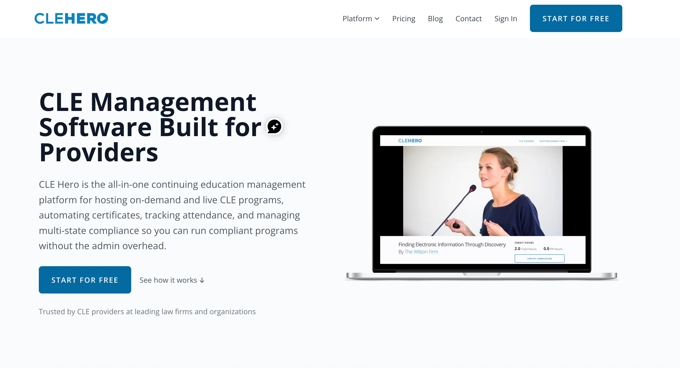 The CLE Hero homepage describing CLE management software for providers, with a course player showing credit hours
