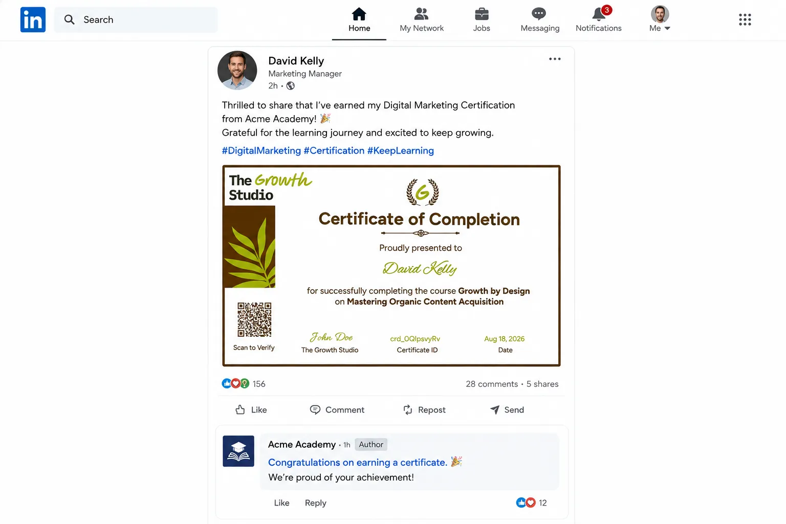LinkedIn post showing a learner sharing their digital marketing certificate with the issuer commenting in appreciation
