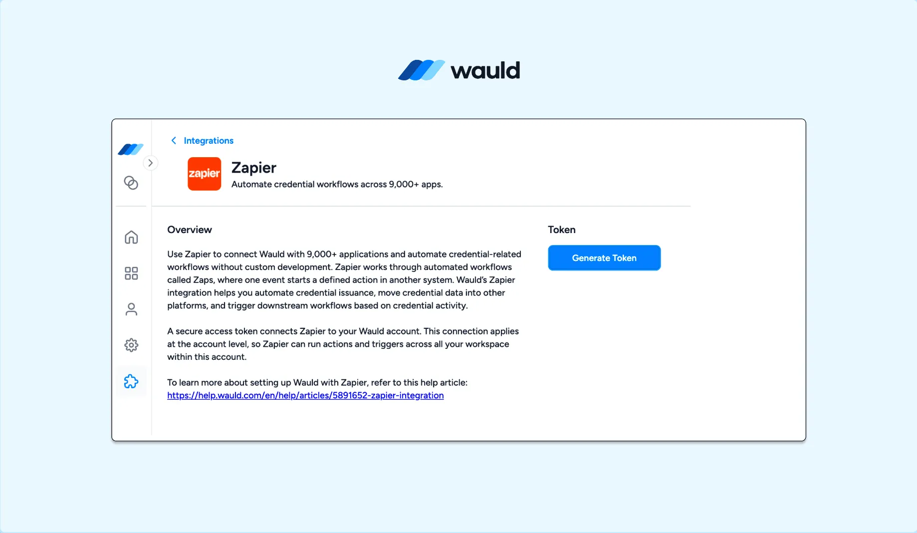 Wauld integrations dashboard showing the Zapier connection option and Generate Token button