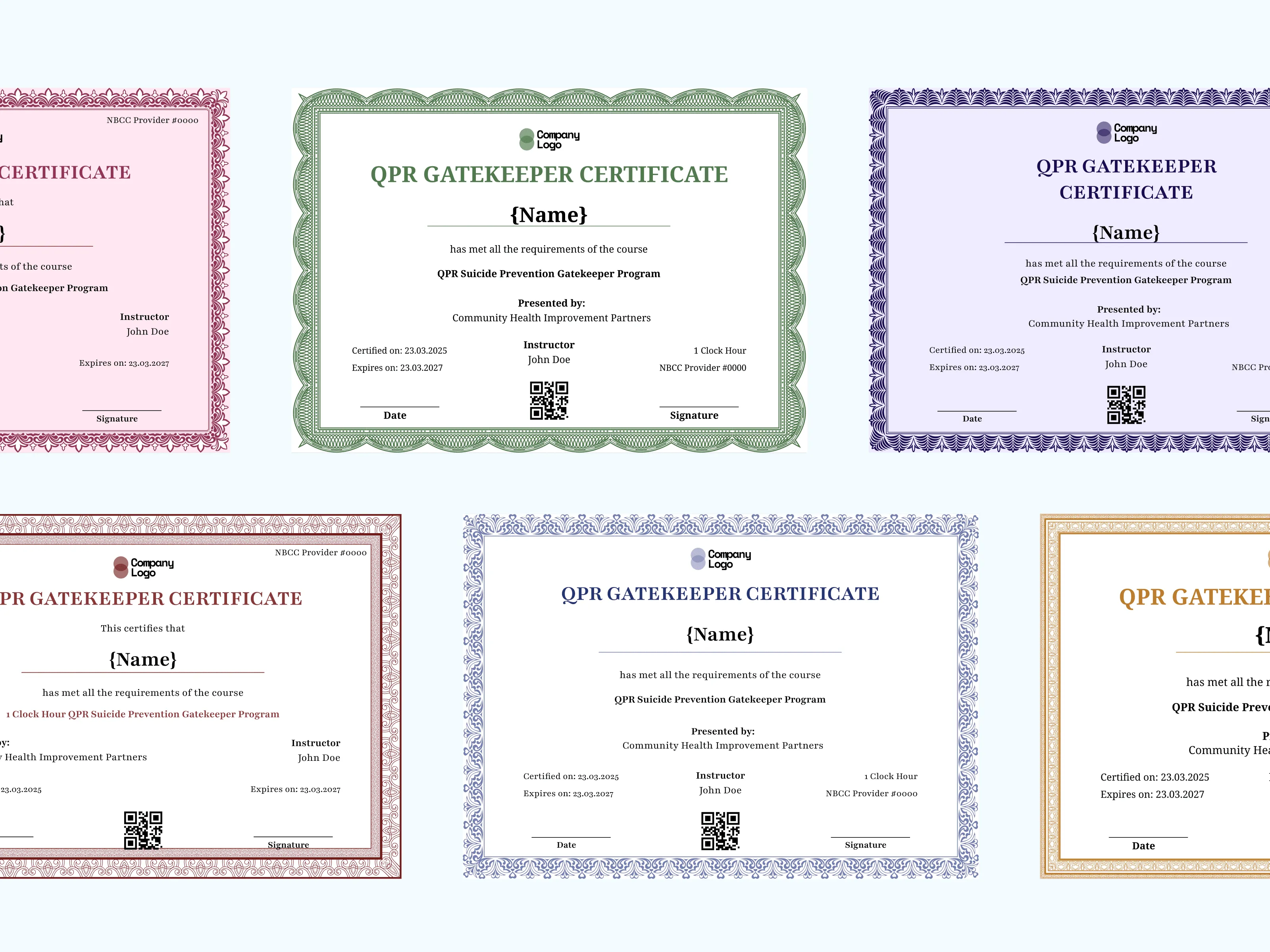 QPR Gatekeeper Training for Suicide Prevention Certificate Templates