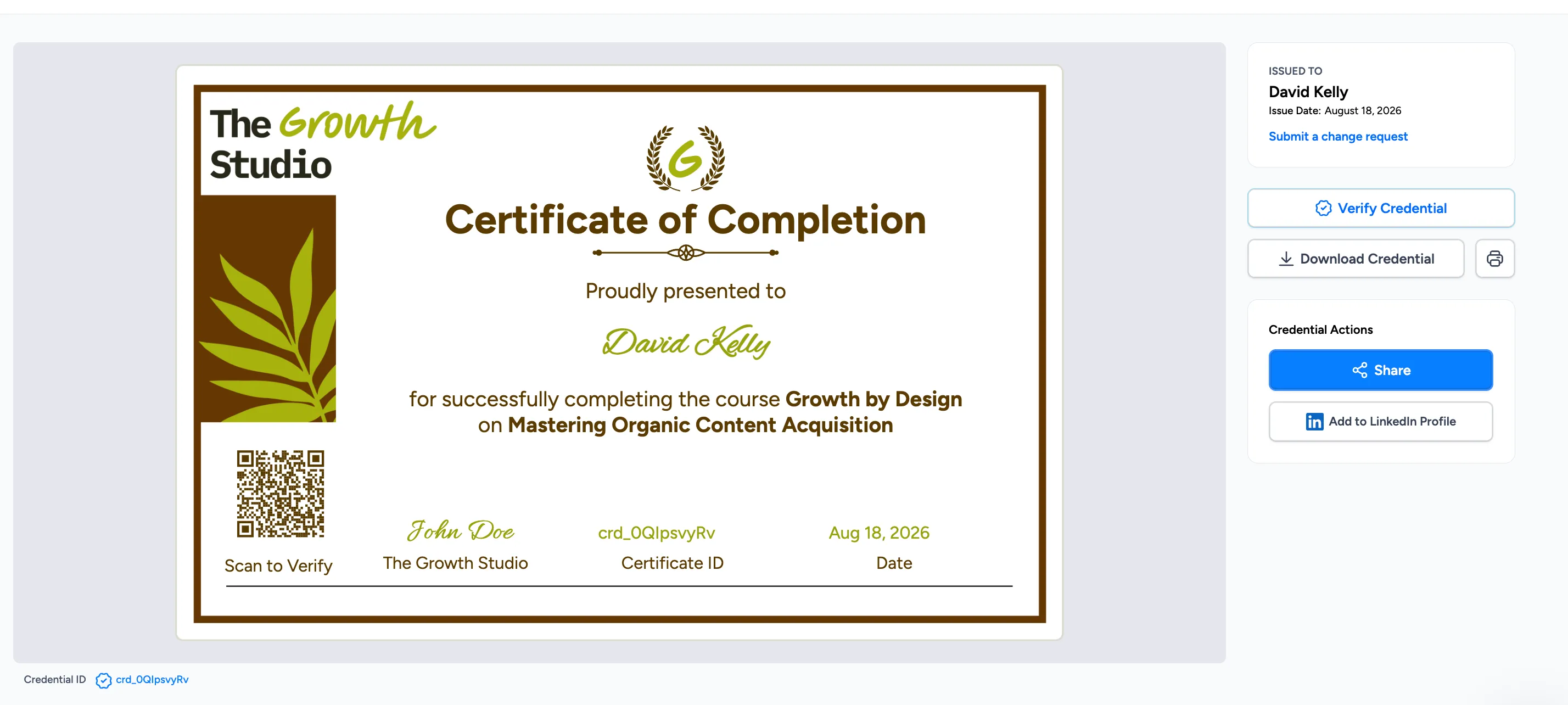 Credential page - recipient portal by Wauld showing a certificate with share and add to LinkedIn options
