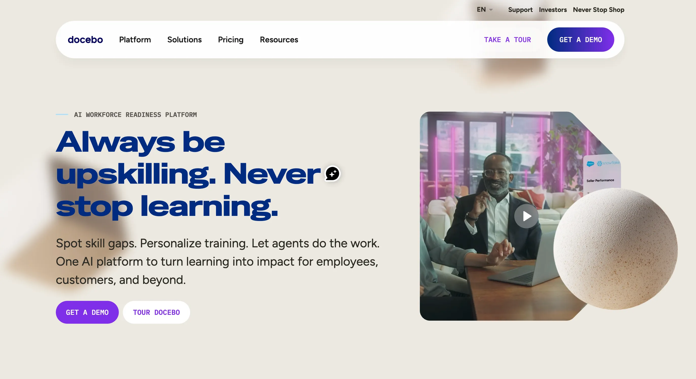 The Docebo homepage describing an AI workforce readiness platform with the headline Always be upskilling