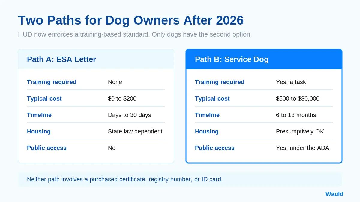 Infographic comparing an ESA dog letter path with the psychiatric service dog training path after the 2026 HUD change