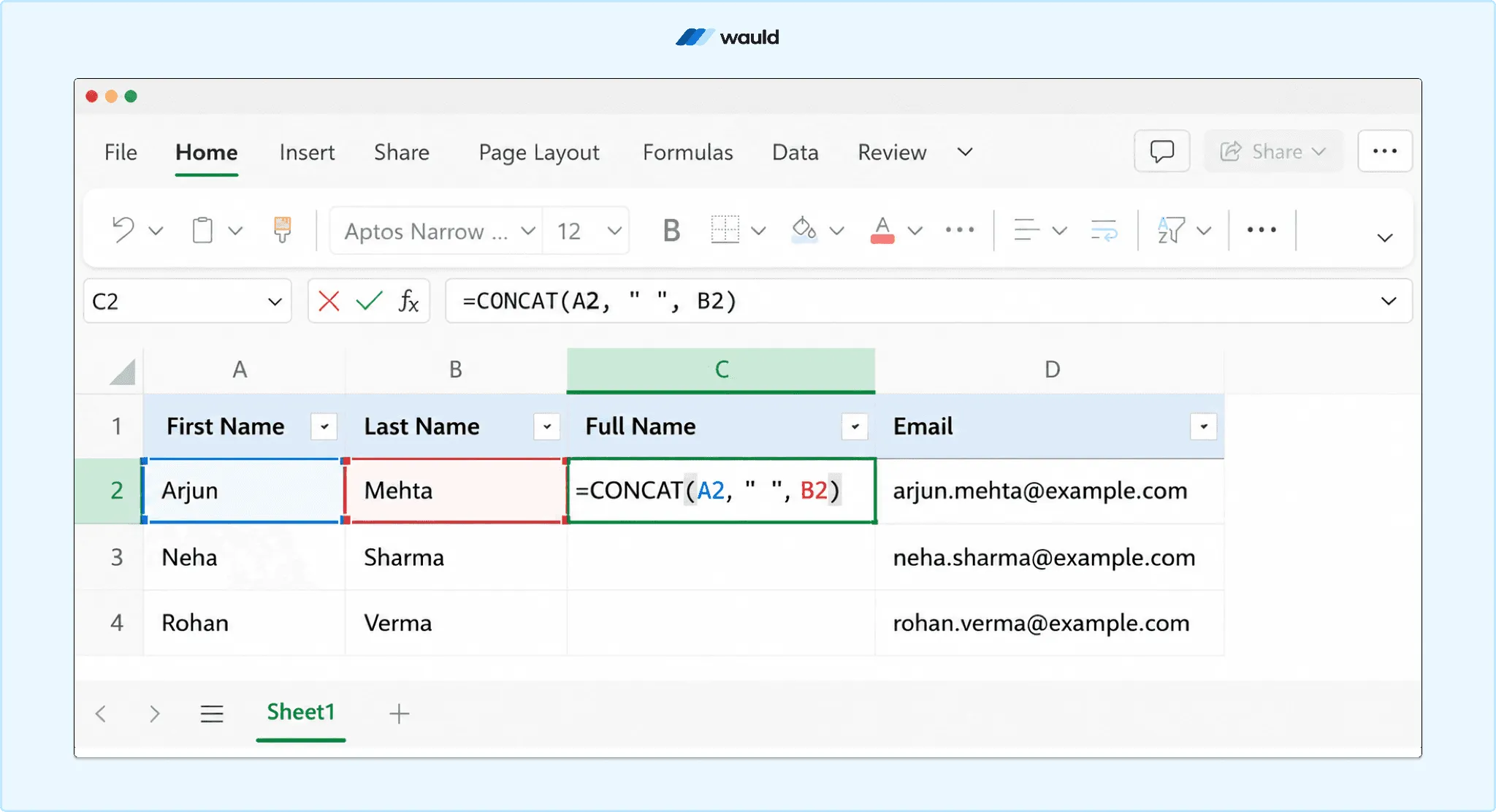Screenshot of an Excel worksheet demonstrating the CONCAT function to combine first and last names into a Full Name column. The formula =CONCAT(A2," ",B2) is entered in the selected cell, with sample data for Arjun Mehta, Neha Sharma, and Rohan Verma. The Wauld logo appears at the top of the image.