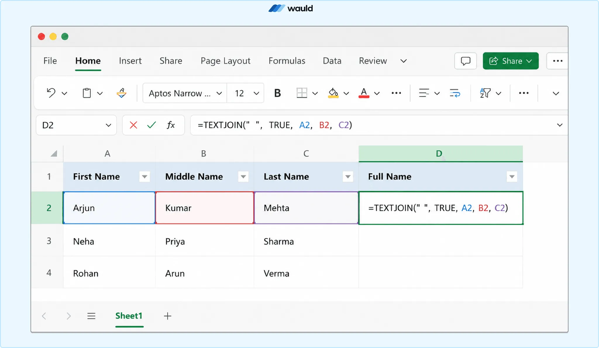 Screenshot of an Excel worksheet demonstrating the TEXTJOIN function to combine first, middle, and last names into a single Full Name column. The formula =TEXTJOIN(" ", TRUE, A2, B2, C2) is shown in the selected cell, using sample data for Arjun Kumar Mehta, Neha Priya Sharma, and Rohan Arun Verma. The Wauld logo appears at the top of the image.