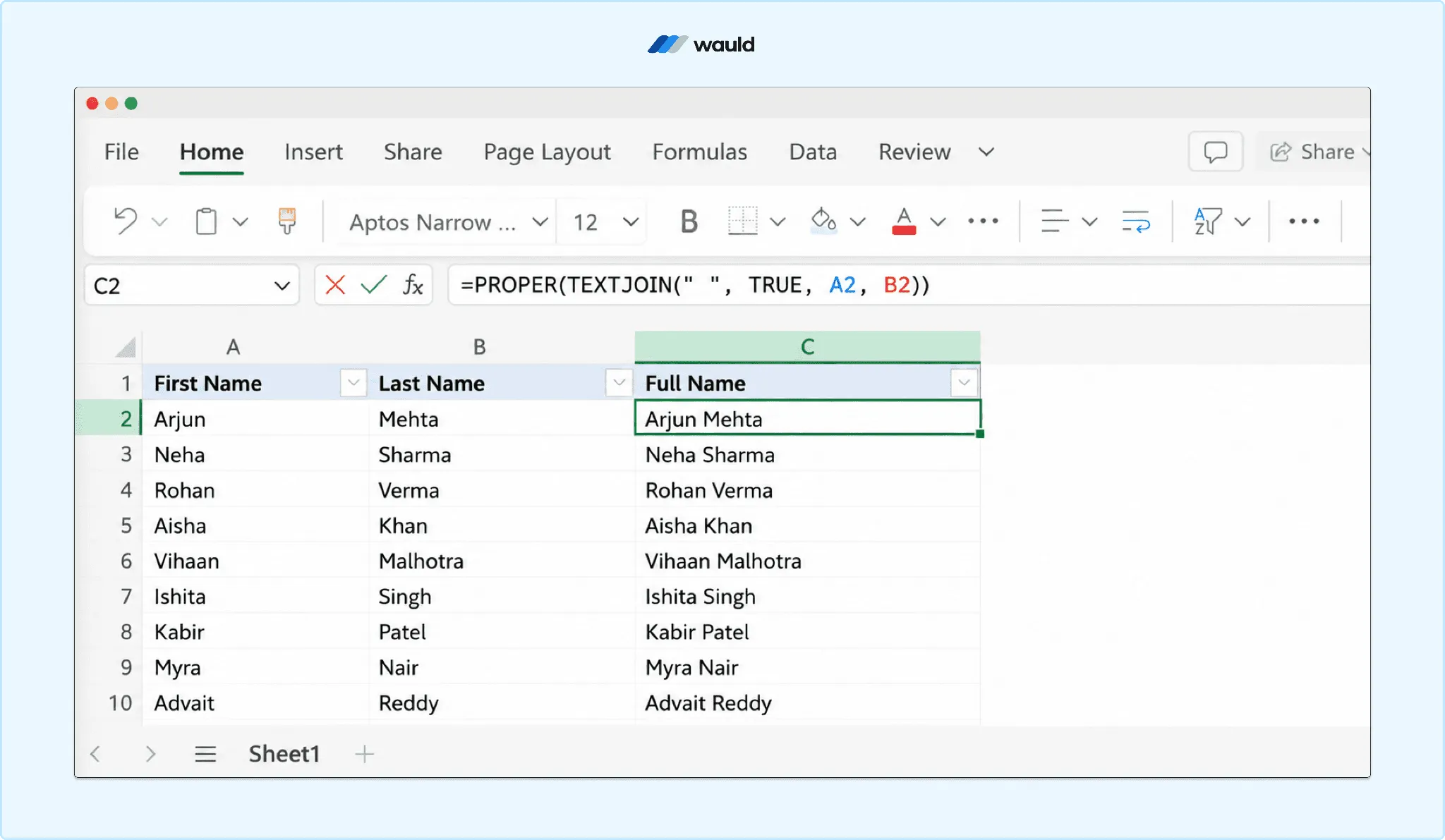 Screenshot of an Excel worksheet using the PROPER(TEXTJOIN()) formula to combine first and last names while automatically capitalizing each word. The formula =PROPER(TEXTJOIN(" ", TRUE, A2, B2)) is displayed in the formula bar, with the resulting Full Name column showing properly formatted names. The Wauld logo appears at the top of the image.