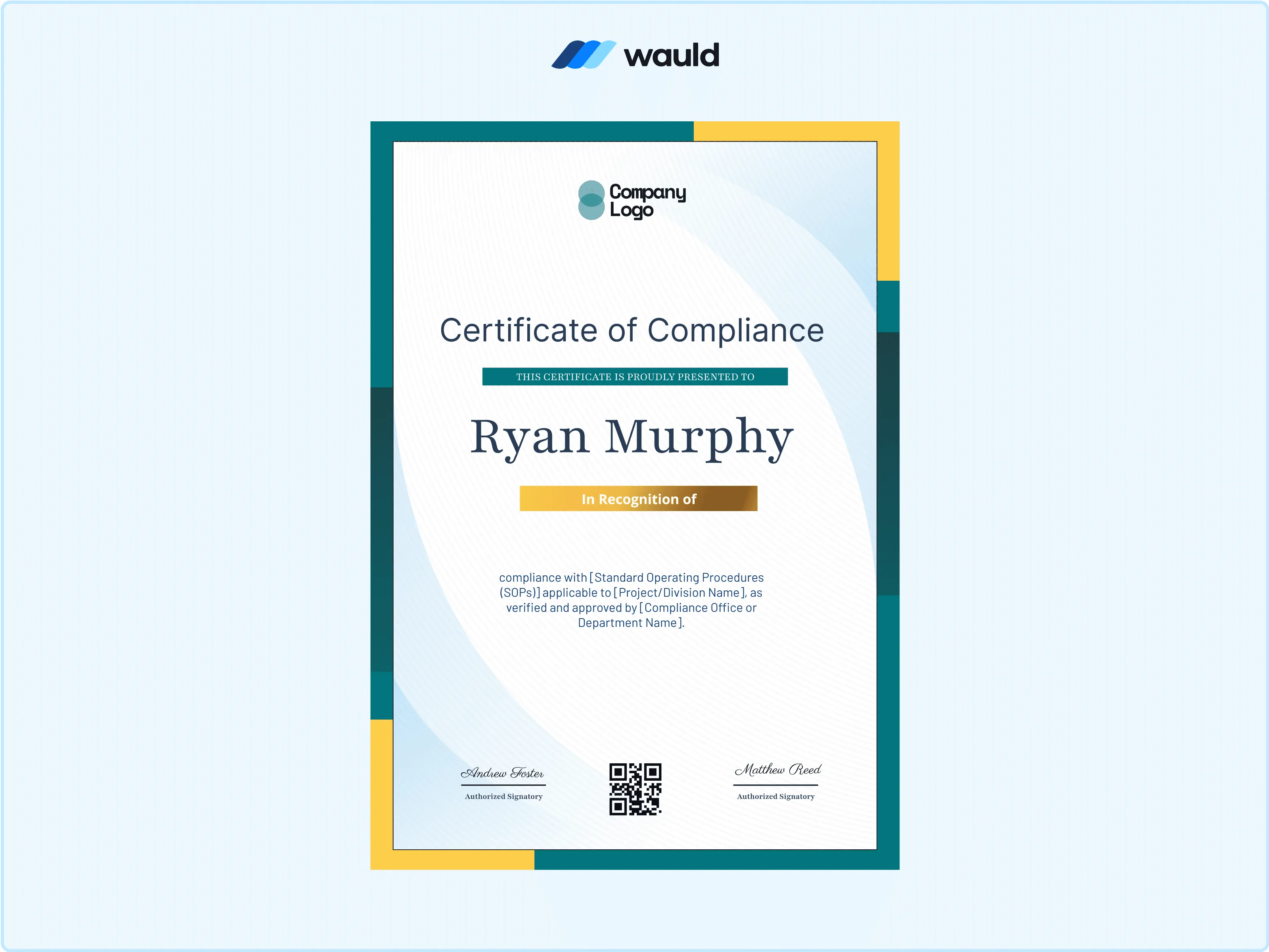 Wauld - Formal certificate in portrait format 