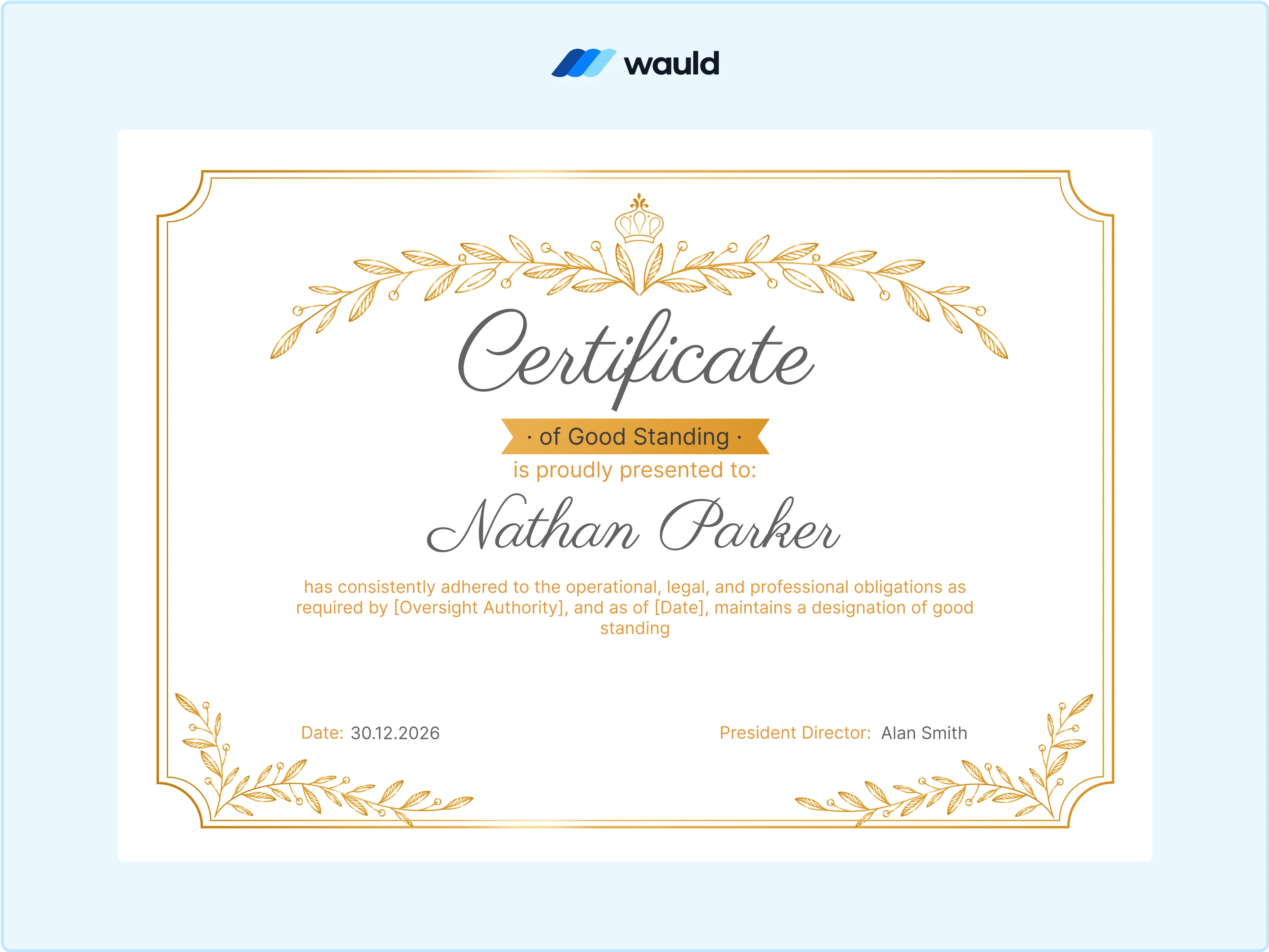 Wauld - Golden certificate of good standing template 