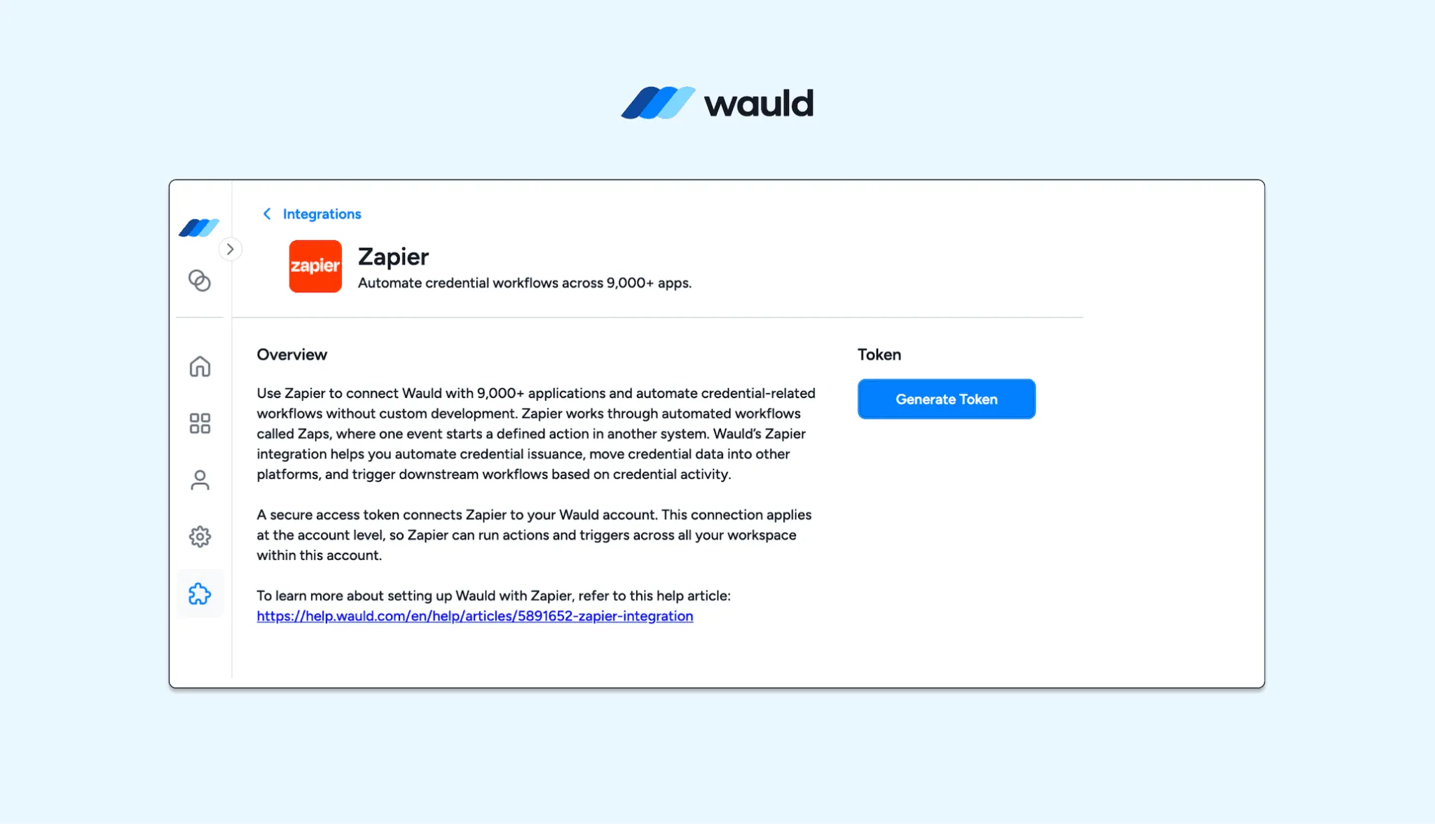 Generate a Zapier access token in the Wauld Integrations gallery