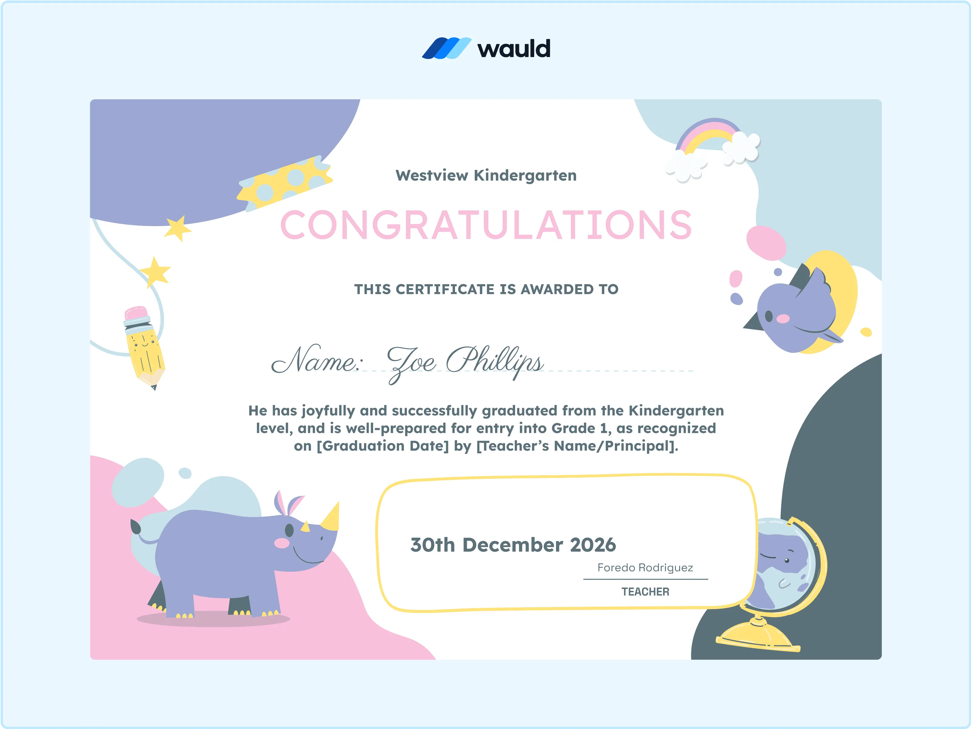 Wauld - Kindergarten graduation certificate template 