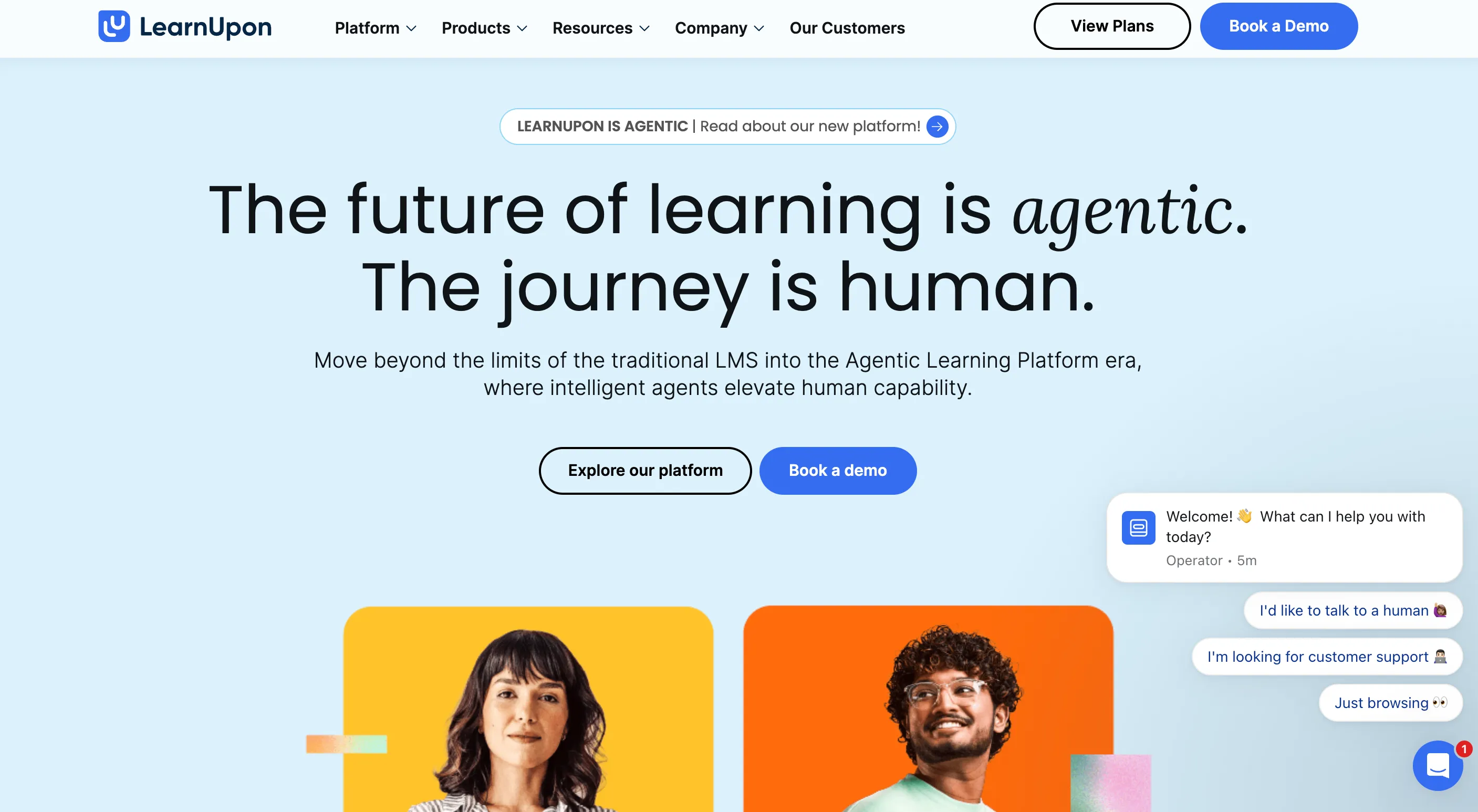 The LearnUpon homepage with the headline The future of learning is agentic, the journey is human