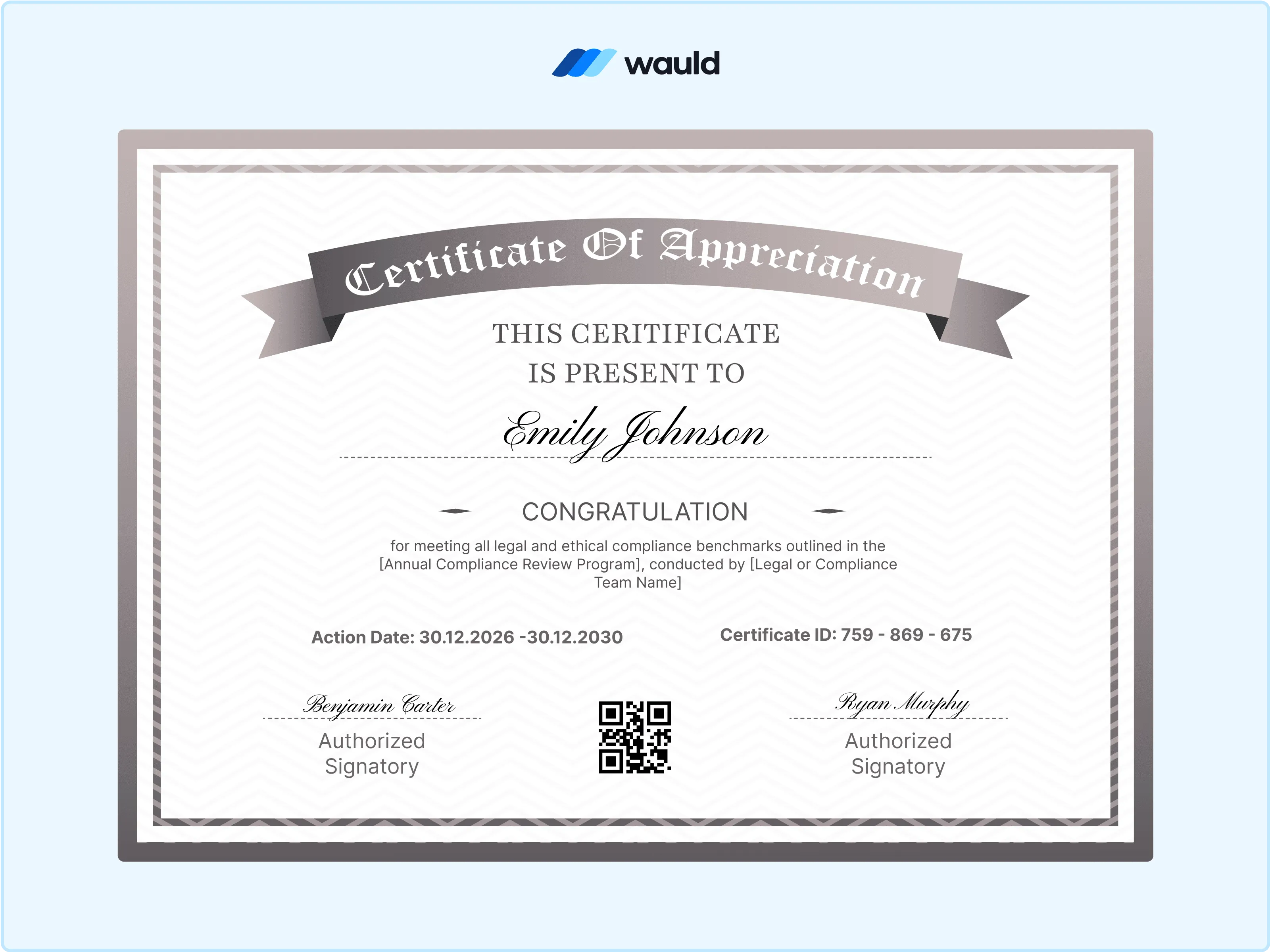 Wauld - Gray-themed compliance certificate template