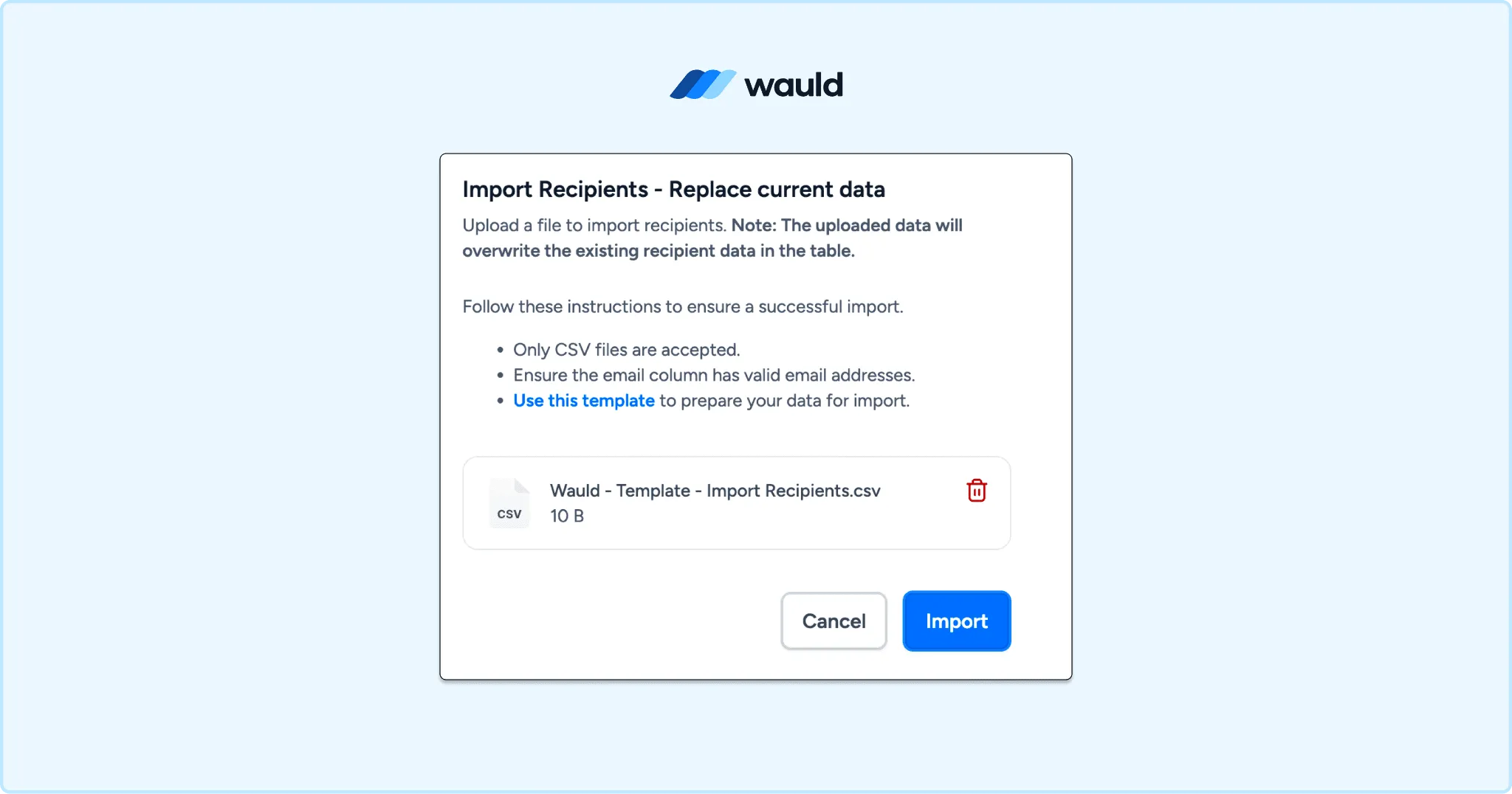 Importing a recipient CSV file into Wauld's bulk issuance tool to send certificates of completion in Skool