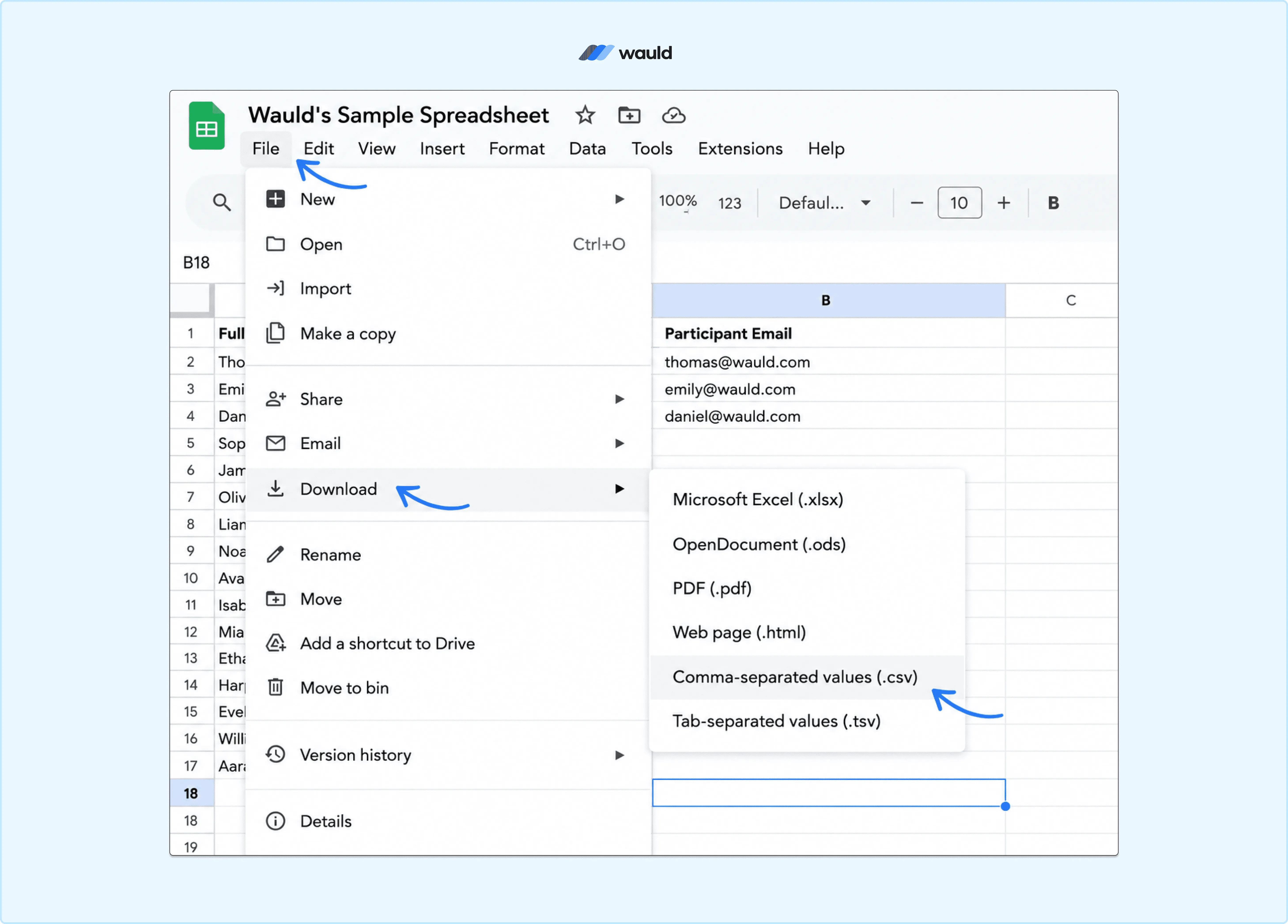Screenshot of a Google Sheets document titled "Wauld's Sample Spreadsheet" with the File menu expanded and Download → Comma-separated values (.csv) highlighted using blue arrows. The spreadsheet contains participant data, demonstrating how to export recipient information as a CSV file for certificate automation.