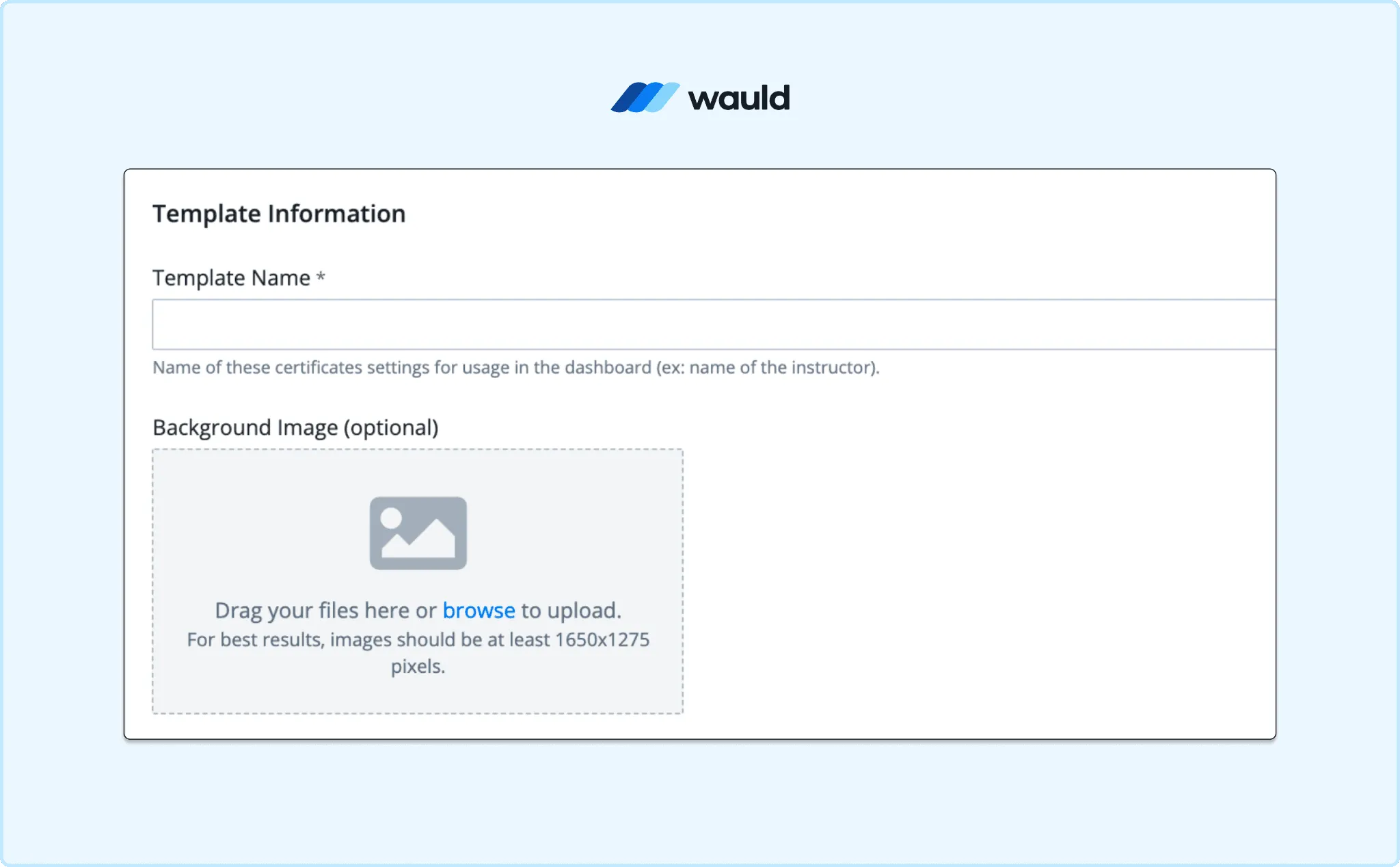 Skilljar Create Certificate Template wizard with template name and background image fields