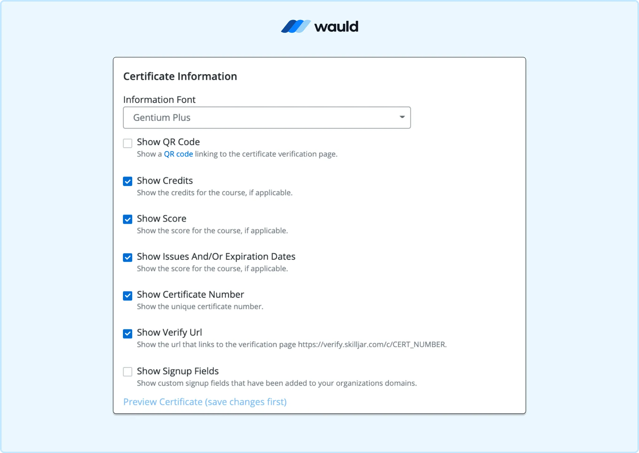 Editing Skilljar certificate fields including learner name, course, issue date, and QR code
