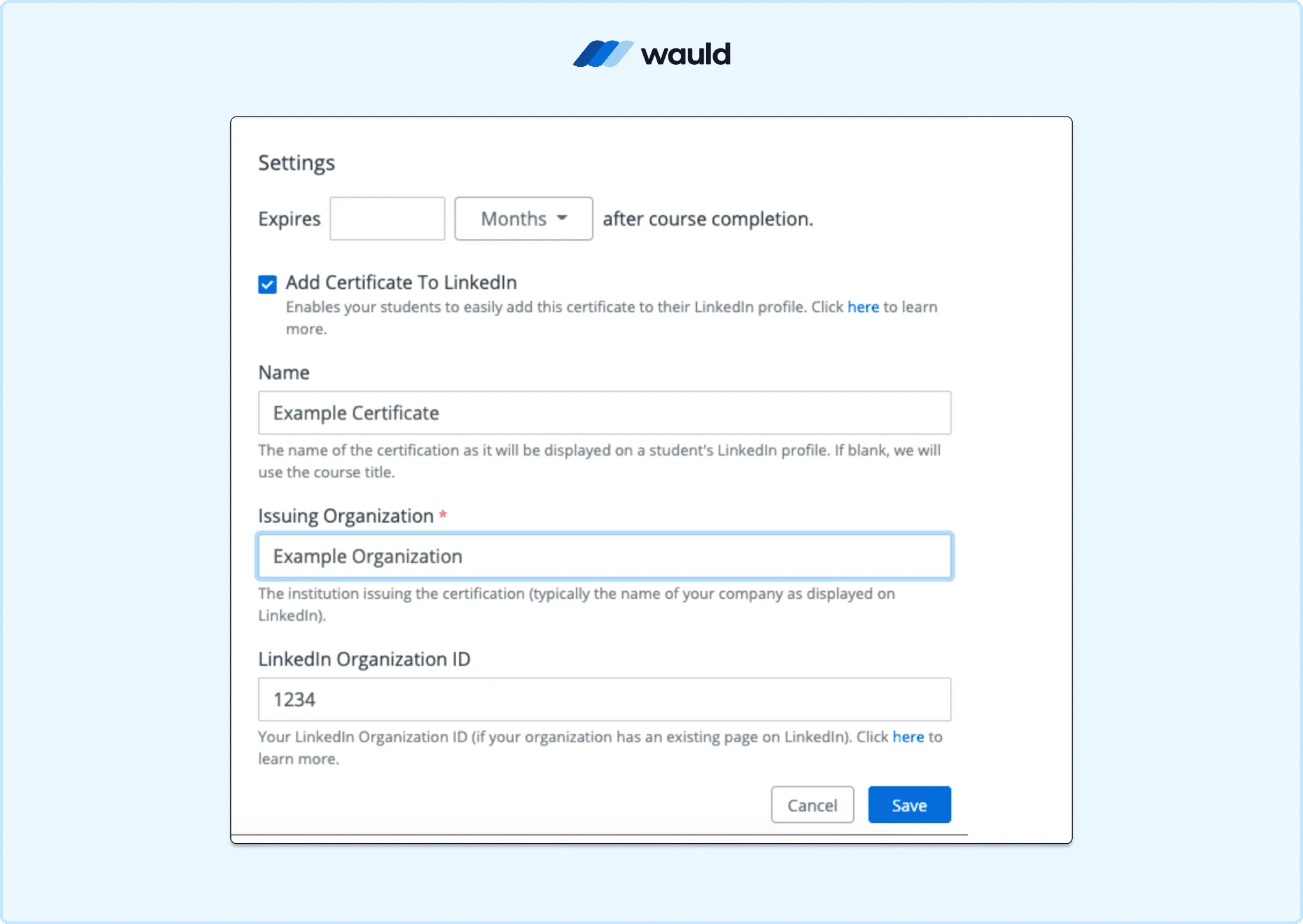 Skilljar certificate settings for LinkedIn certification fields