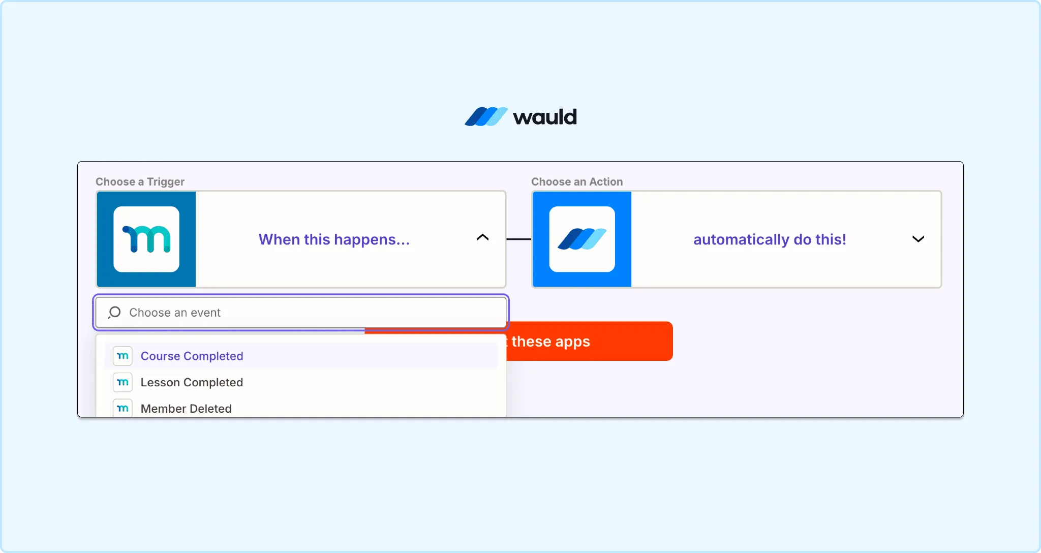 Zapier workflow connecting MemberPress course completion trigger to Wauld Issue Credential action for automated certificate delivery