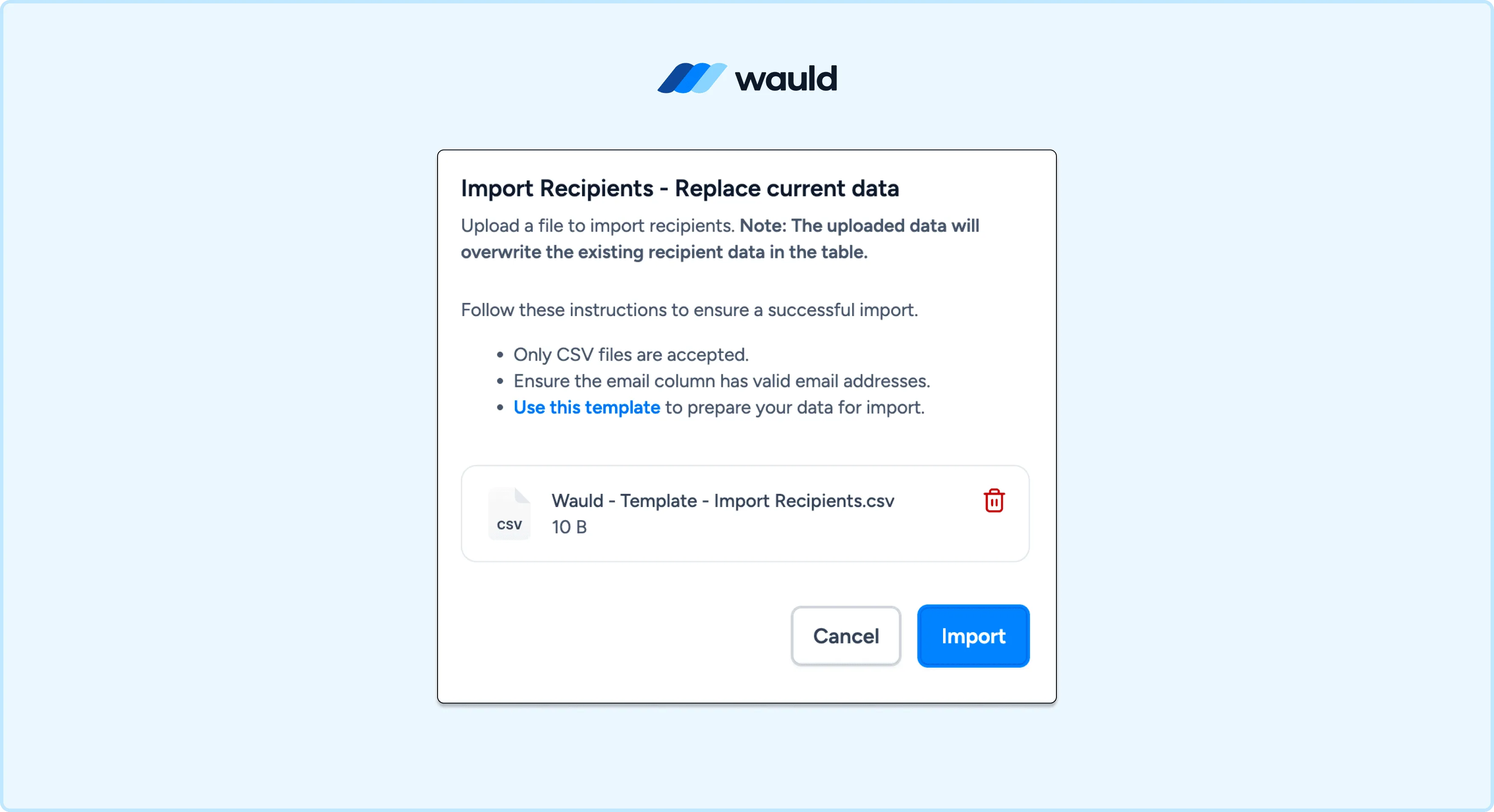 Wauld bulk CSV credential issuance interface showing a CSV upload workflow used to create and distribute digital certificates or badges to multiple recipients simultaneously. The feature enables organizations to automate large-scale credential issuance using recipient data from a spreadsheet.