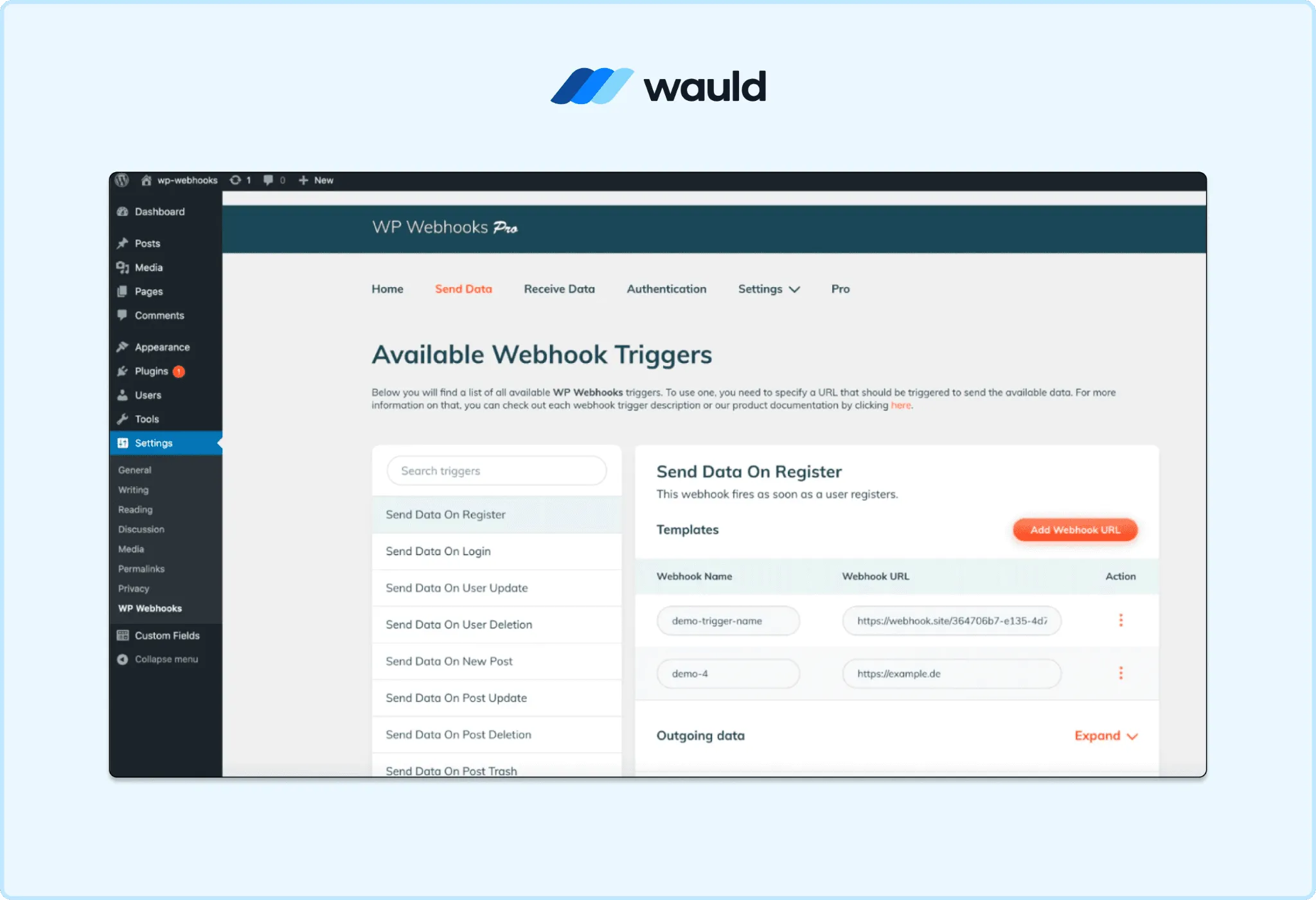 Screenshot of the WP Webhooks Pro interface showing webhook trigger configuration in WordPress, used to send learner completion data to Wauld for automated credential issuance.