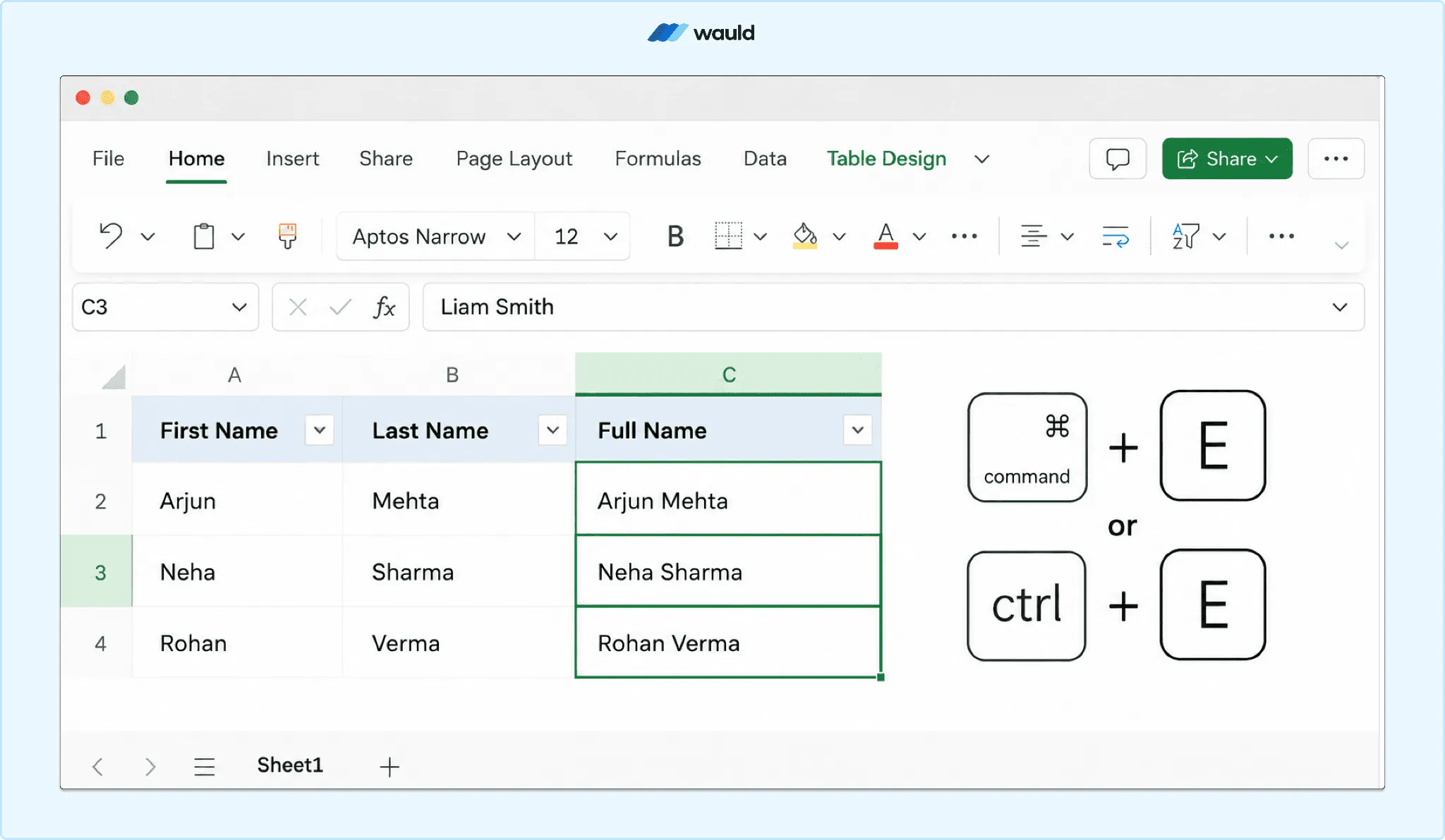 Screenshot of an Excel worksheet showing first and last names combined into a Full Name column using Flash Fill. The completed names are automatically filled after entering the first result, with the keyboard shortcuts Command + E and Ctrl + E displayed to the right. The Wauld logo appears at the top of the image.