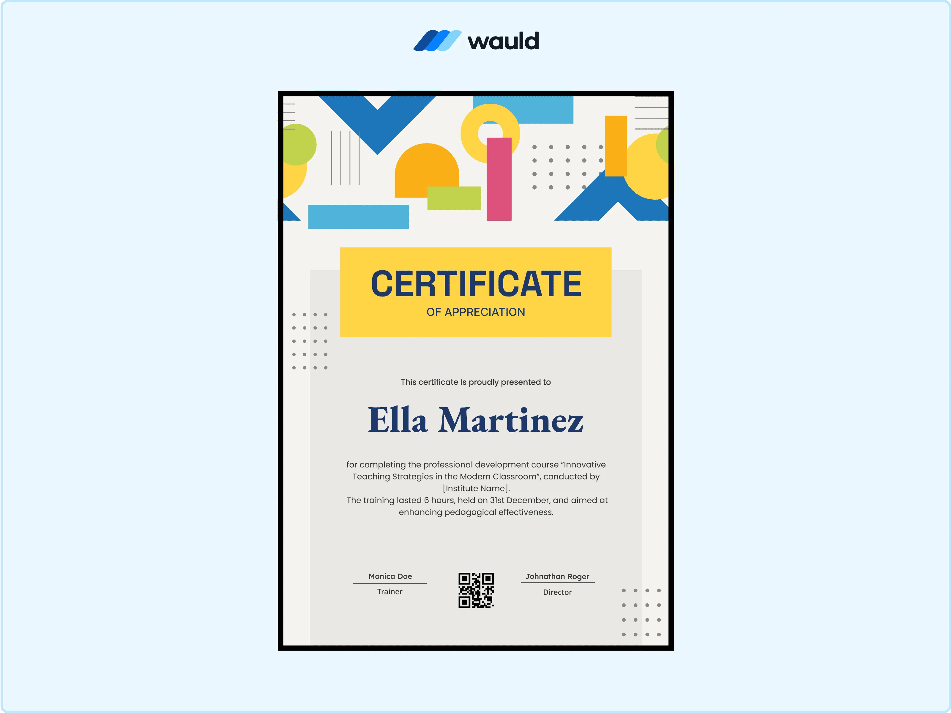 Wauld - Modern portrait certificate template