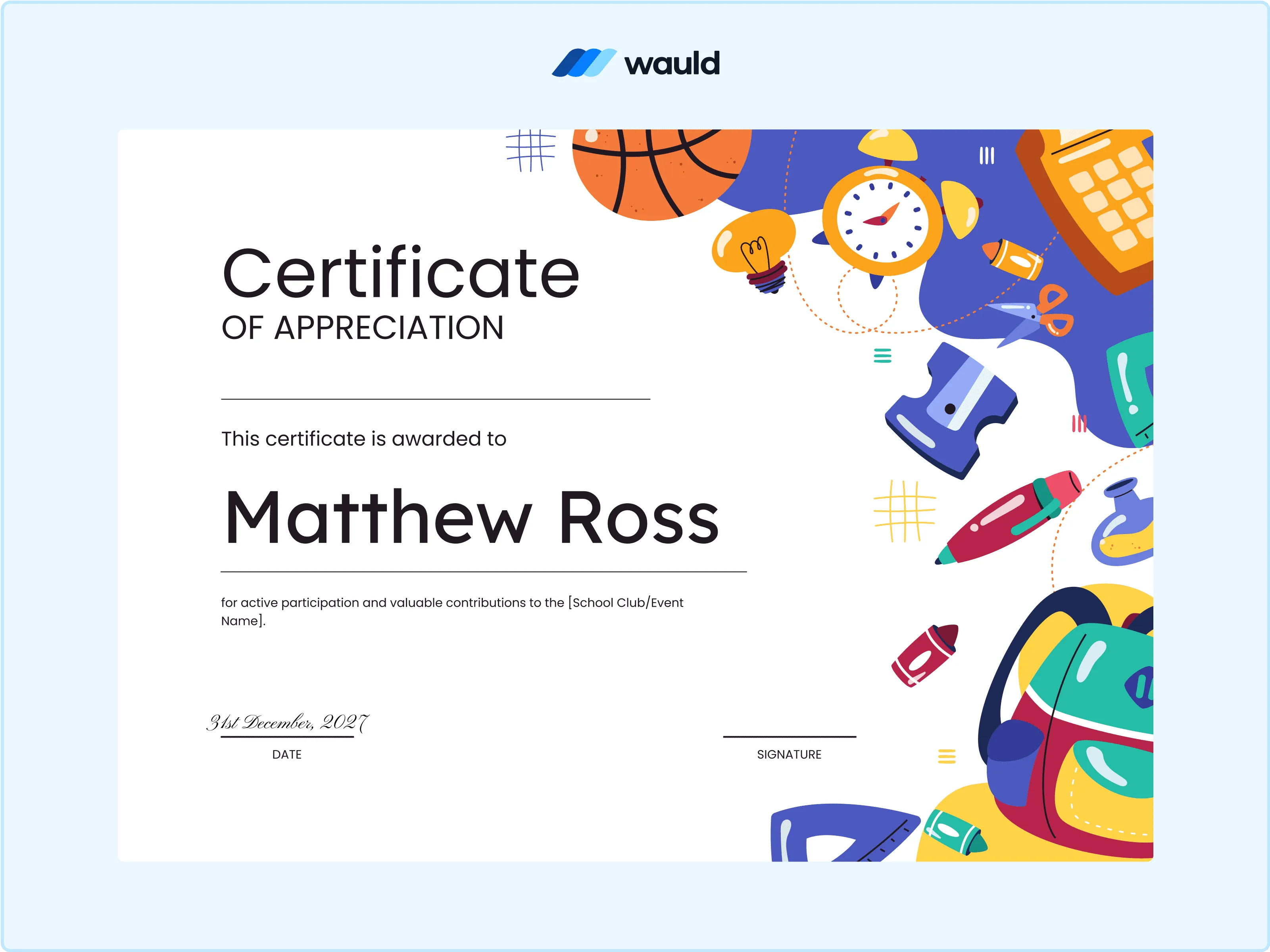 Wauld - Multi-colored school certificate template 