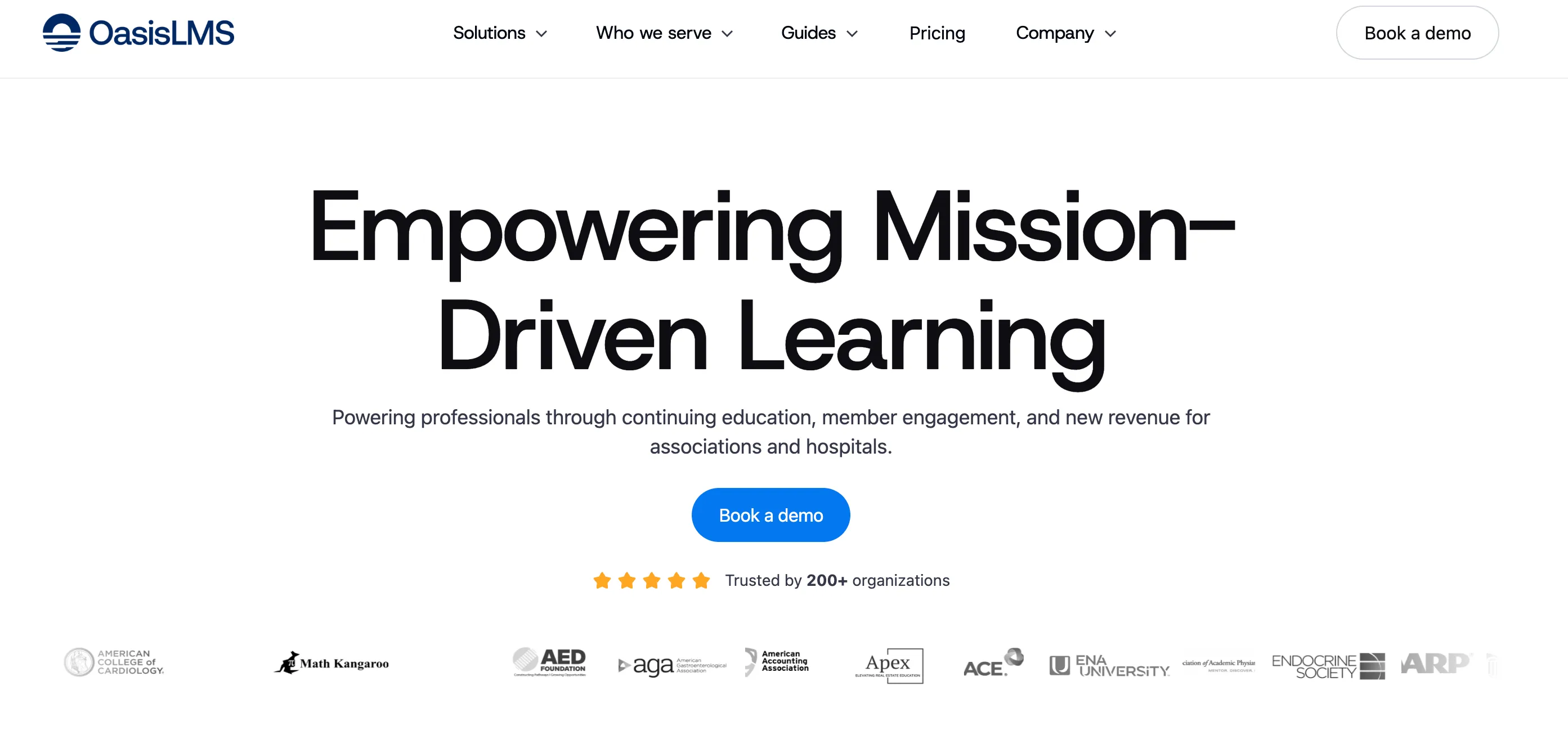 The Oasis LMS homepage with the headline about mission-driven learning for associations and hospitals, plus member organization logos