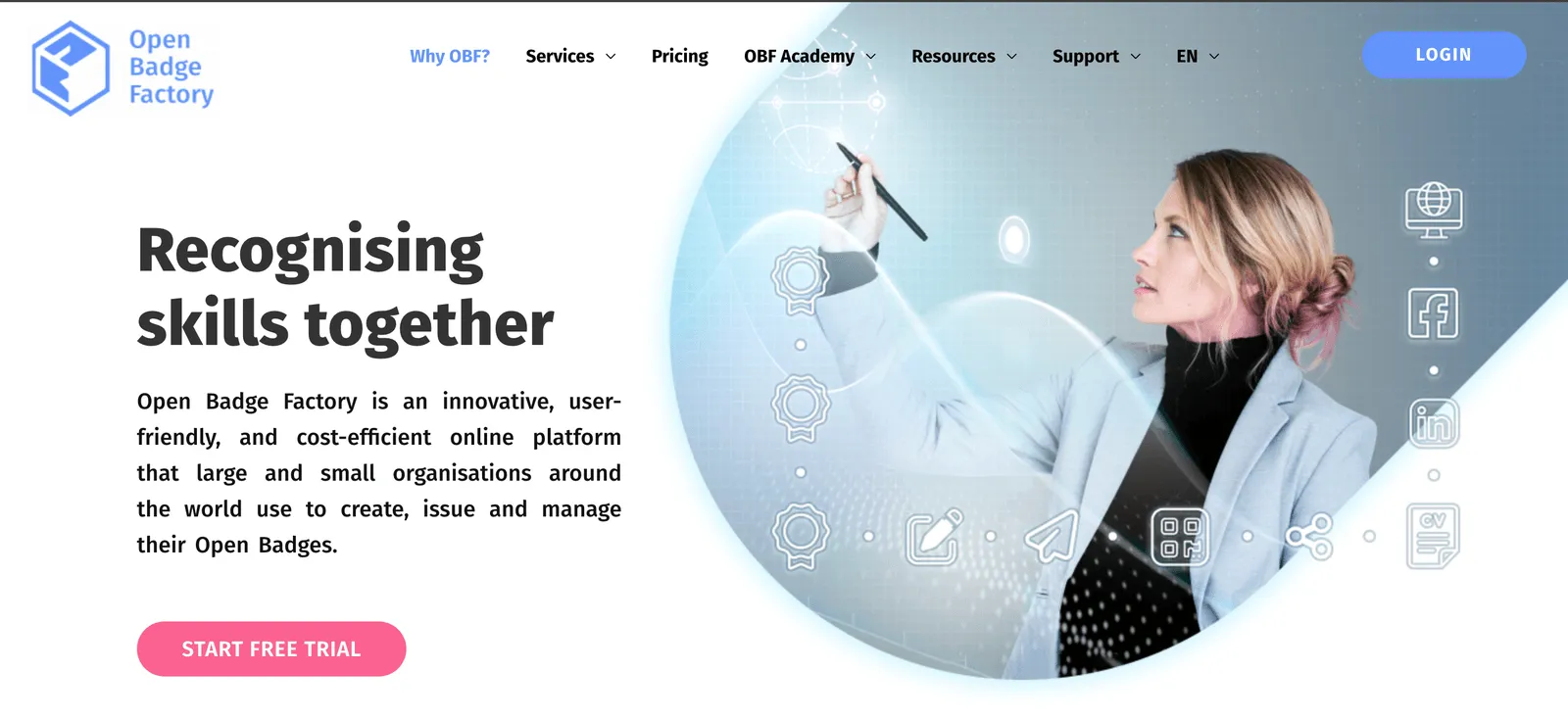 The Open Badge Factory homepage headline reading Recognizing skills together, describing a platform for creating, issuing, and managing Open Badges