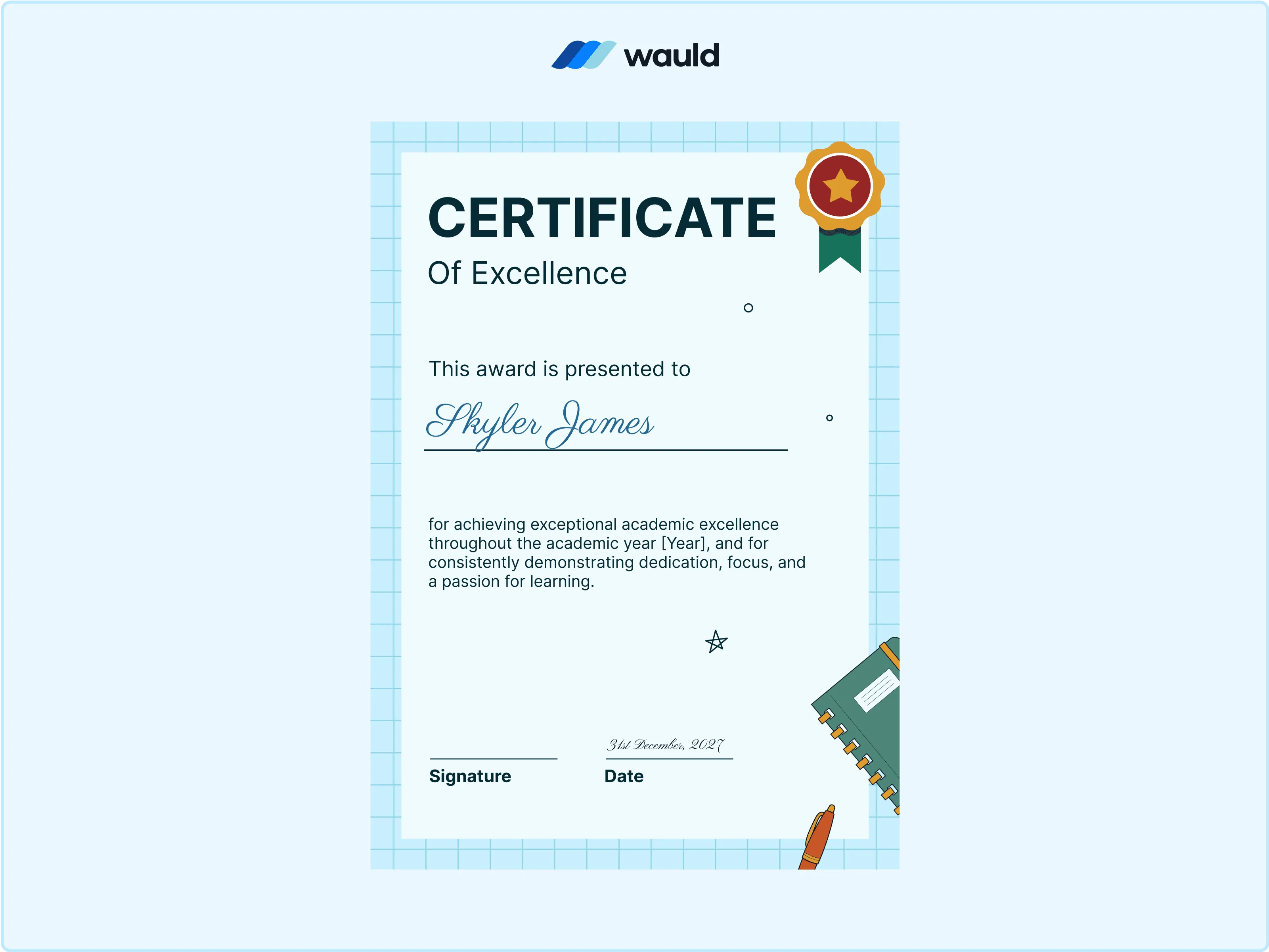 Wauld - Portrait blue classroom certificate template  