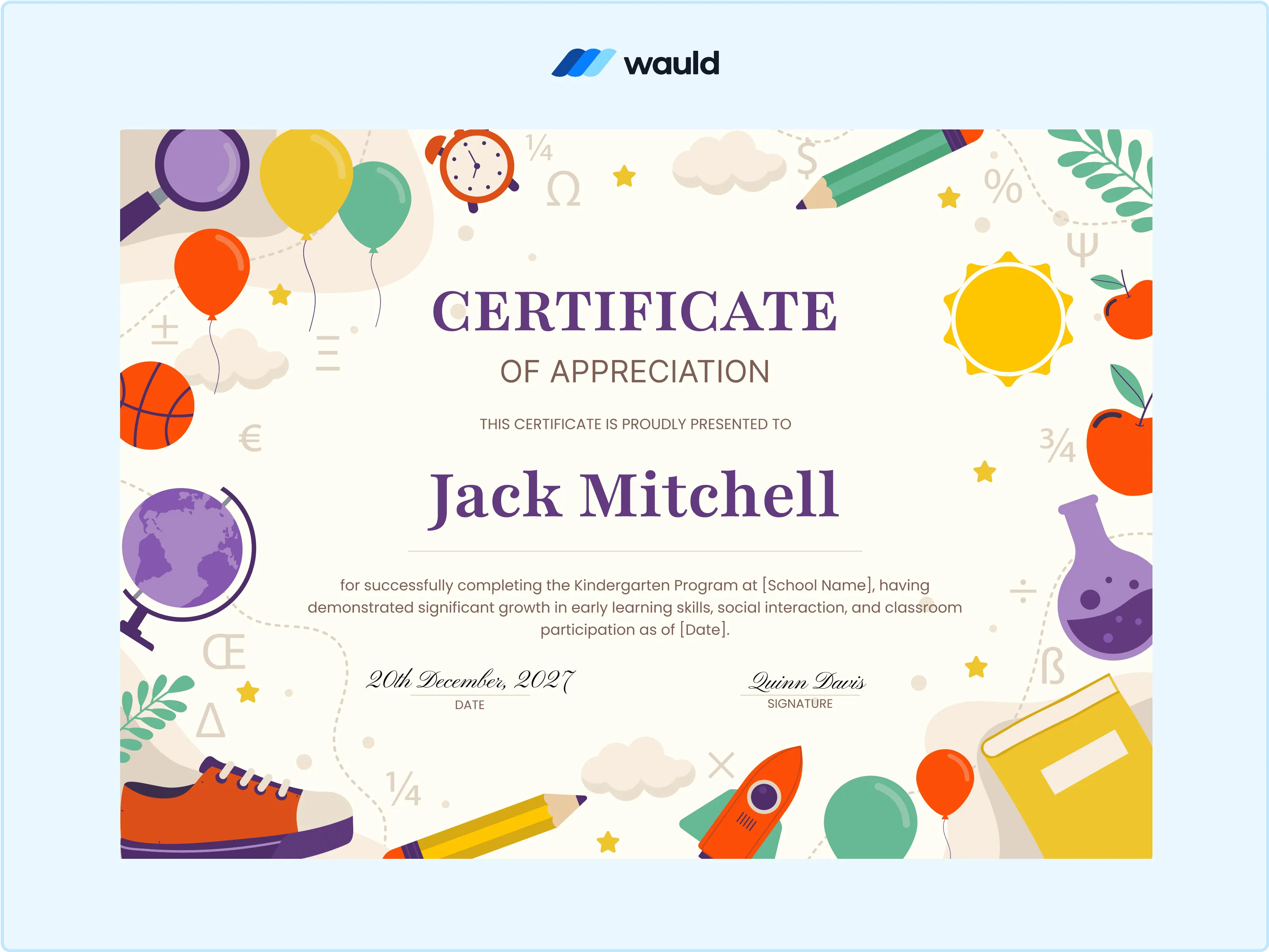 Wauld - Pre-school graduation certificate template 
