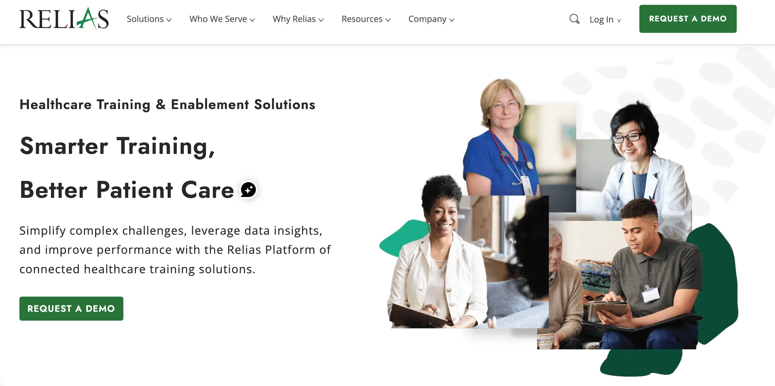 The Relias homepage for healthcare training and enablement solutions, with the headline Smarter Training, Better Patient Care