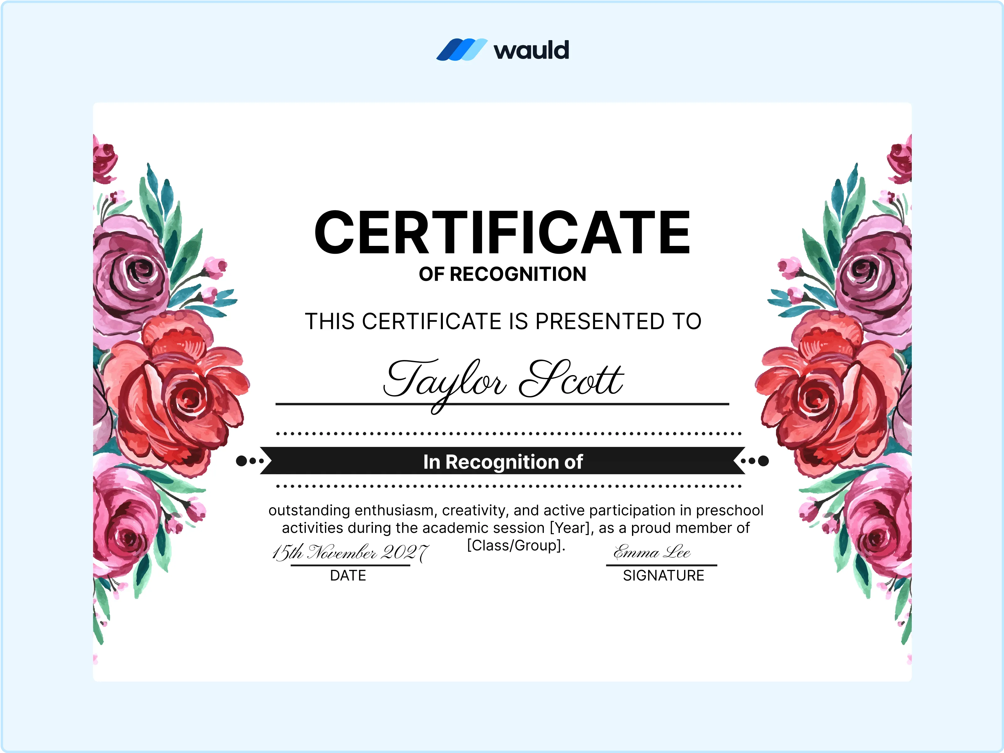 Wauld - School certificate template with floral designs